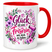 Herzbotschaft Tasse mit Farbwahl - Frisörin – Glück ist eine Frisörin wie dich zu haben
