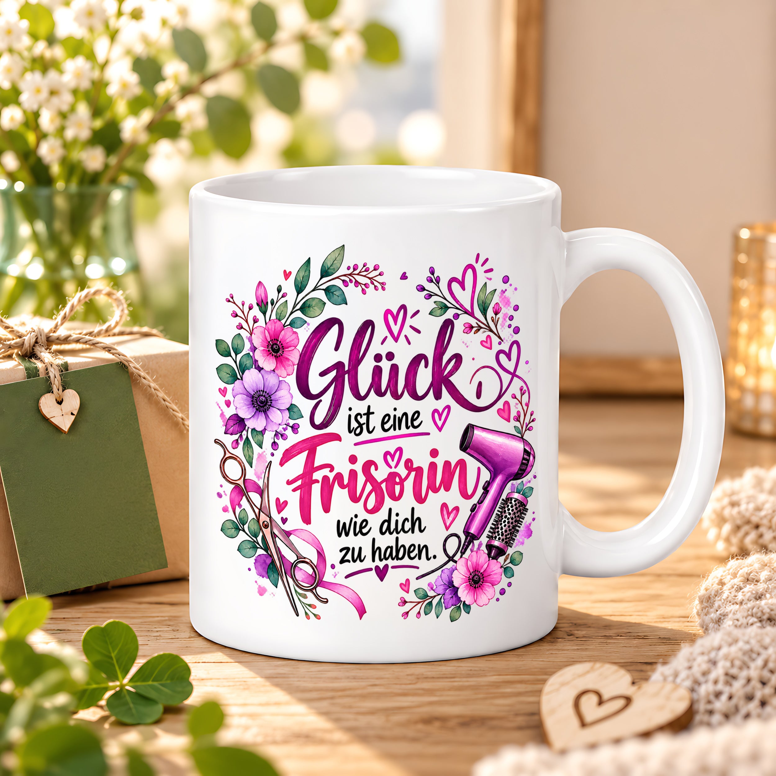 Herzbotschaft Tasse mit Farbwahl - Frisörin – Glück ist eine Frisörin wie dich zu haben