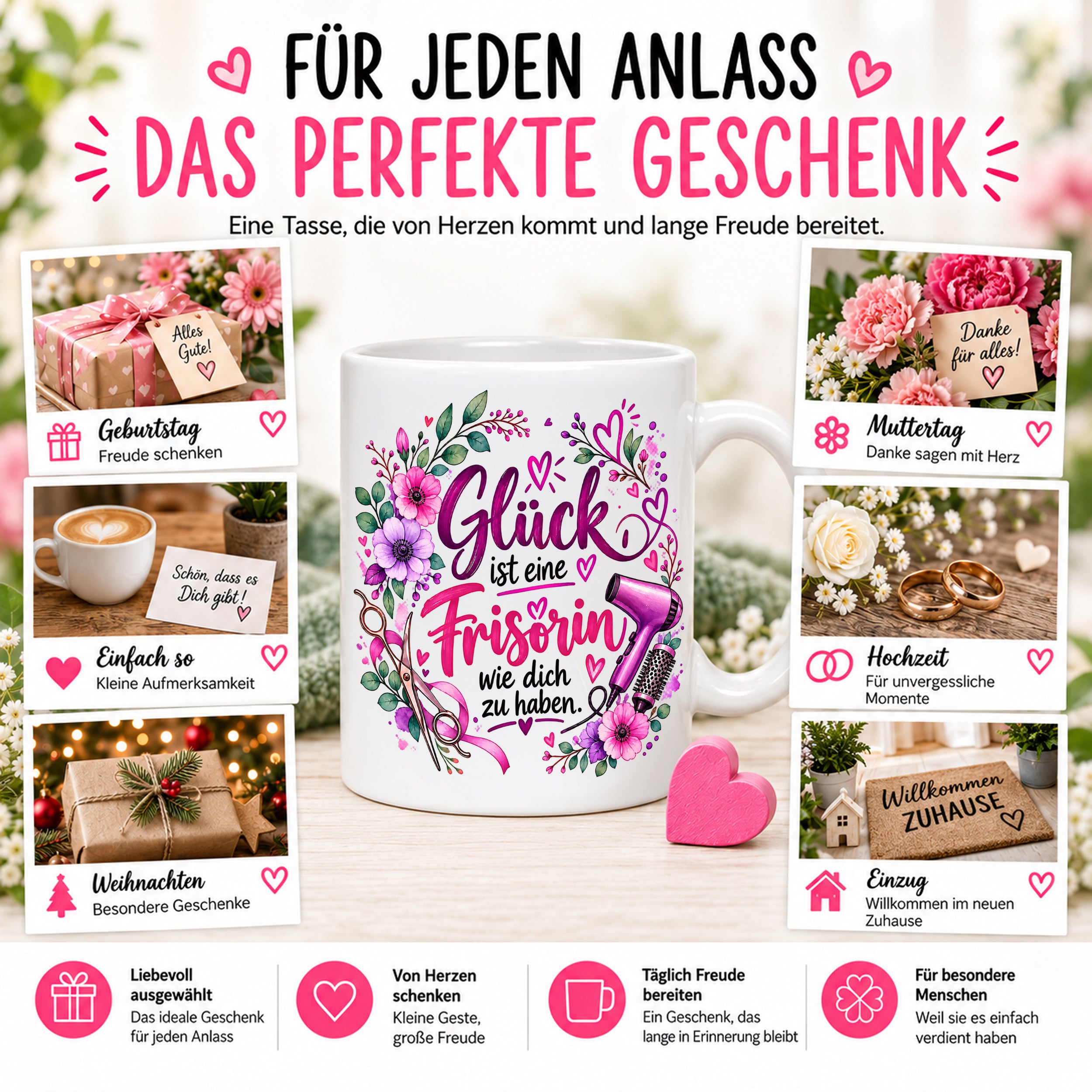 Herzbotschaft Tasse mit Farbwahl - Frisörin – Glück ist eine Frisörin wie dich zu haben