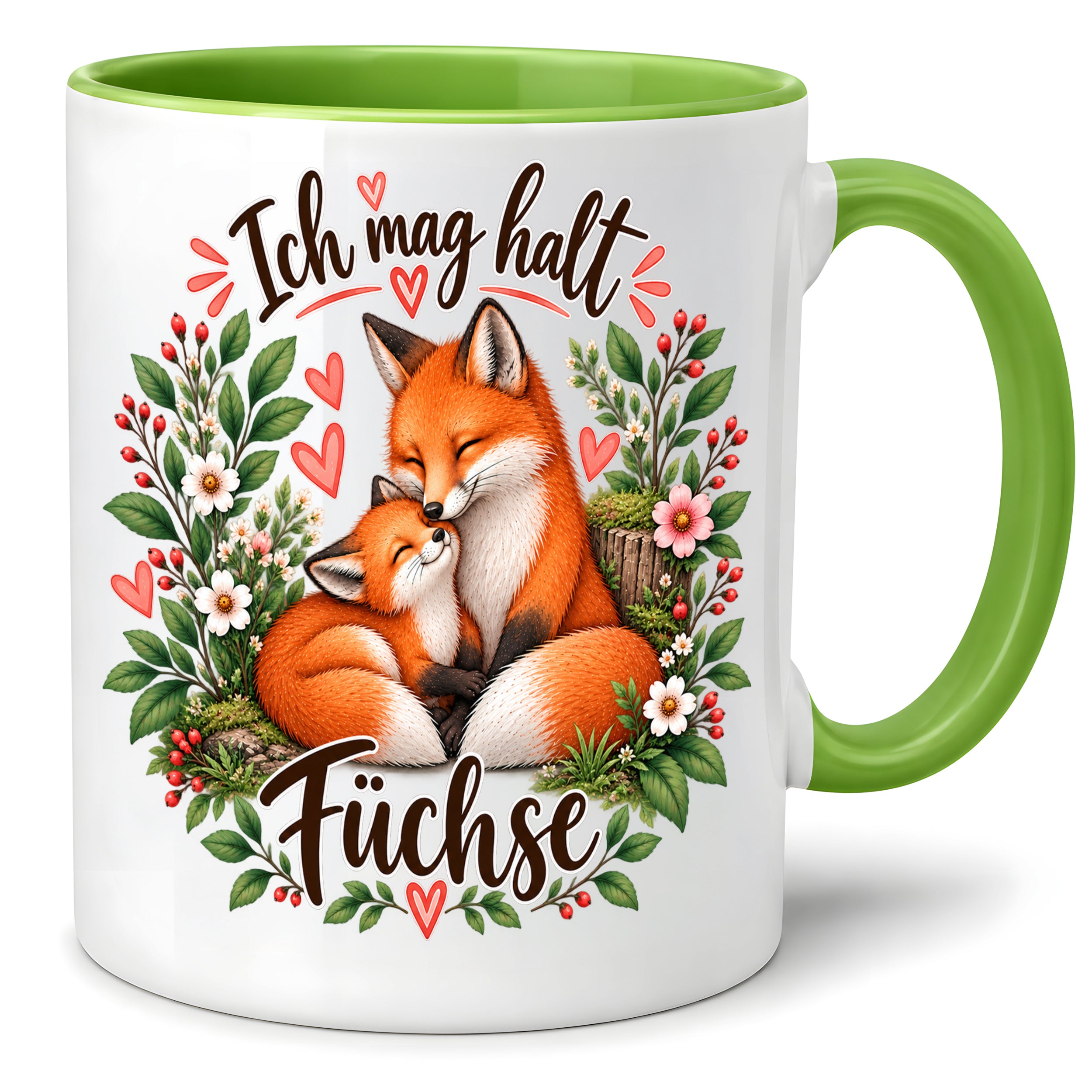 Herzbotschaft Tasse mit Farbwahl - Füchse – Ich mag halt Füchse