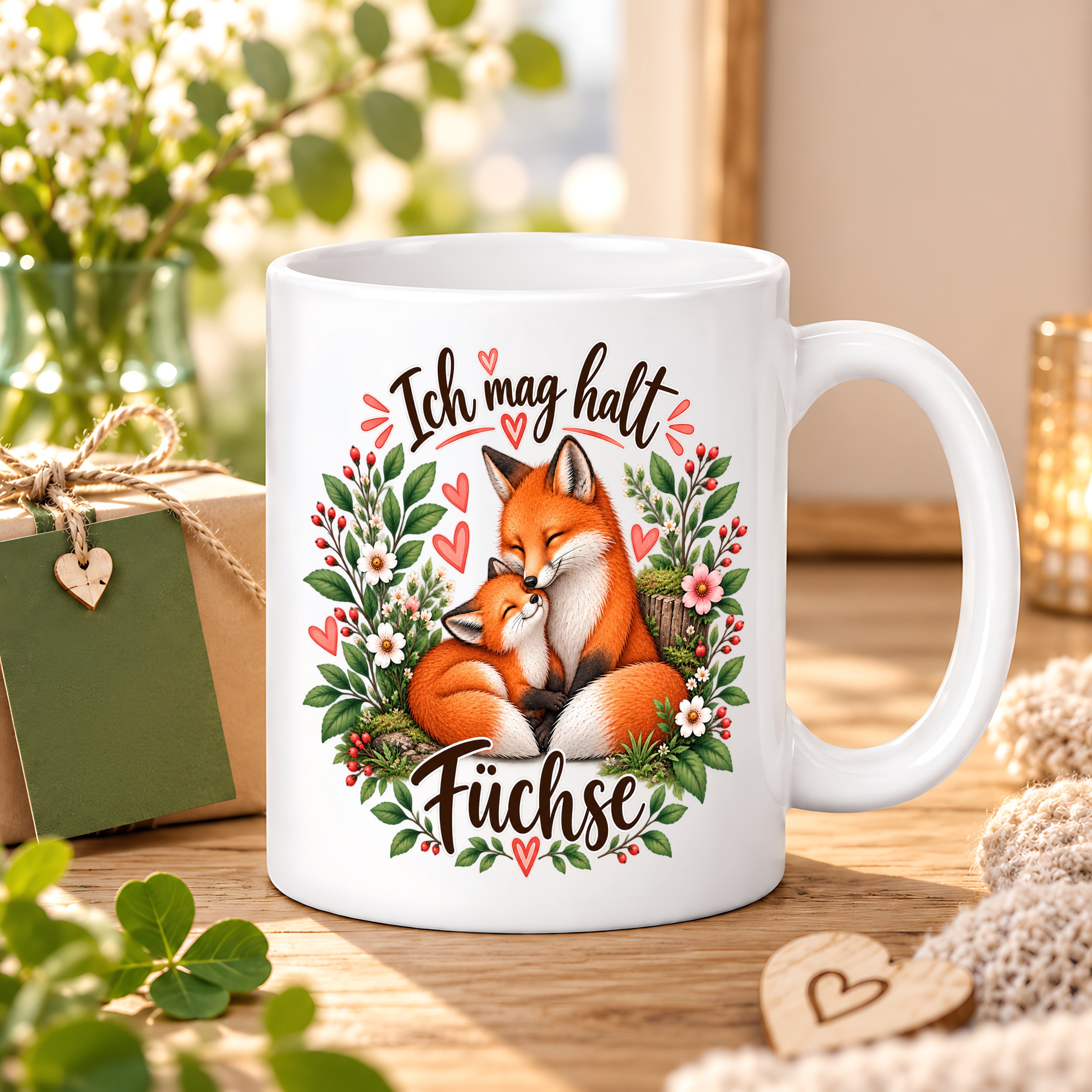 Herzbotschaft Tasse mit Farbwahl - Füchse – Ich mag halt Füchse