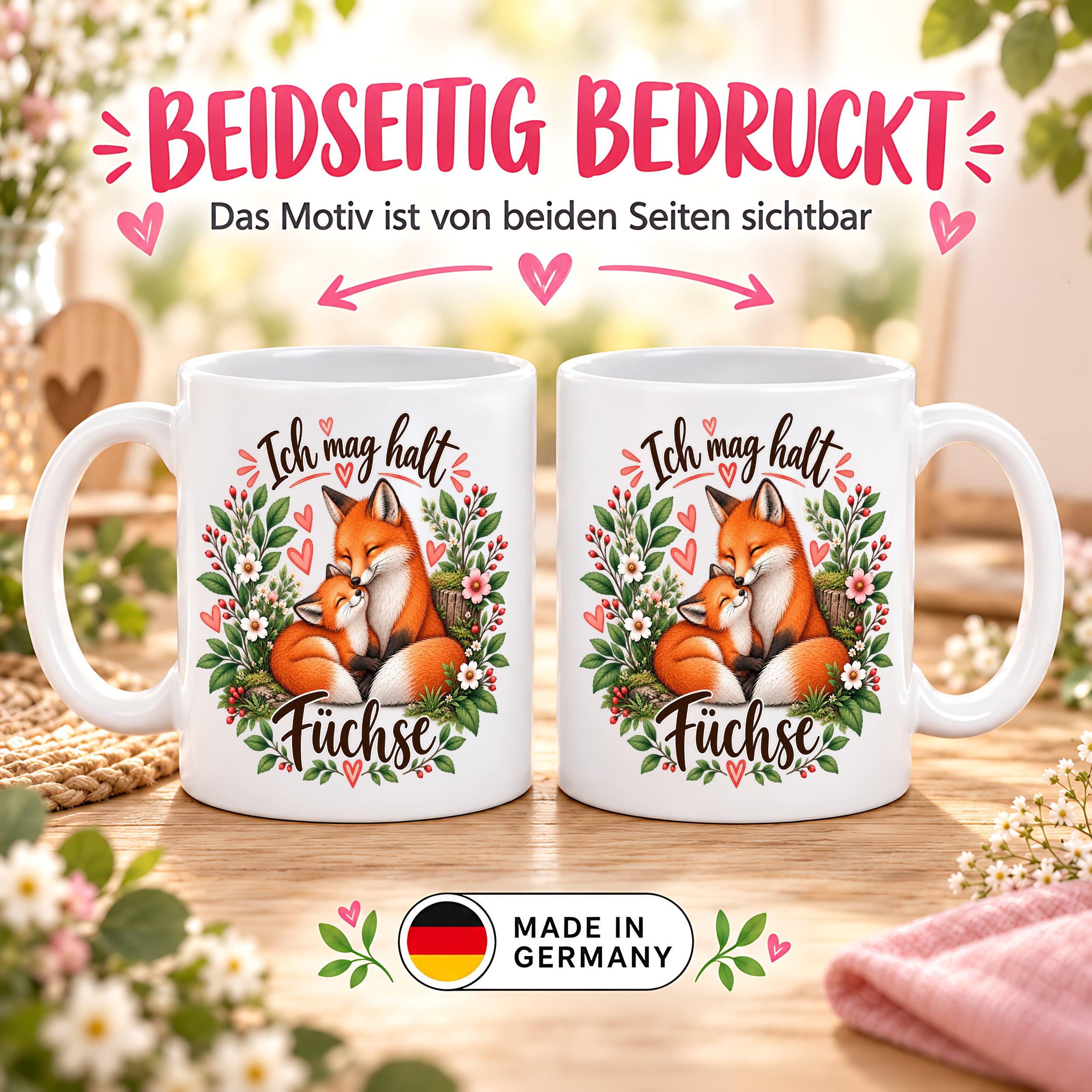 Herzbotschaft Tasse mit Farbwahl - Füchse – Ich mag halt Füchse