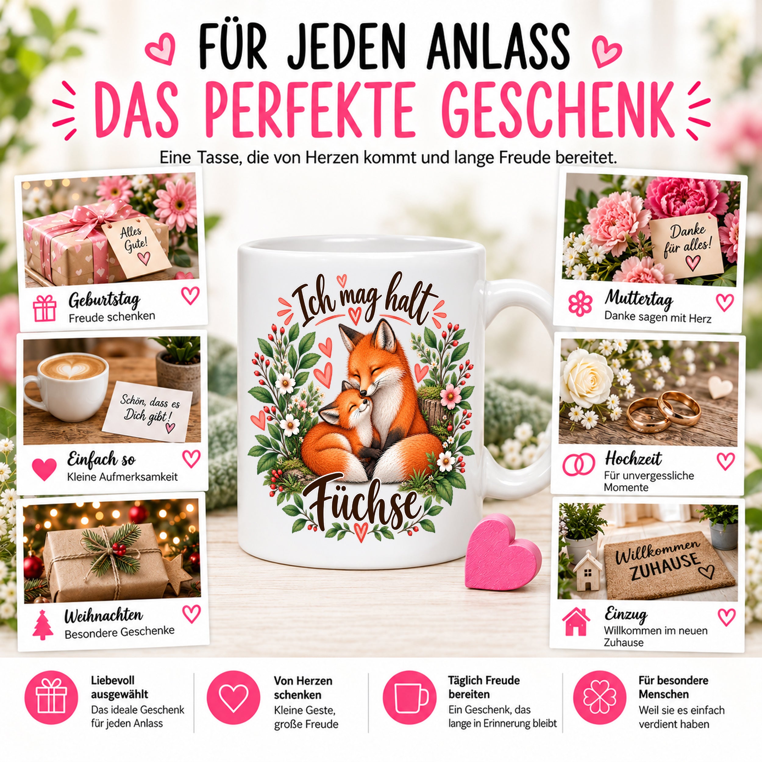 Herzbotschaft Tasse mit Farbwahl - Füchse – Ich mag halt Füchse