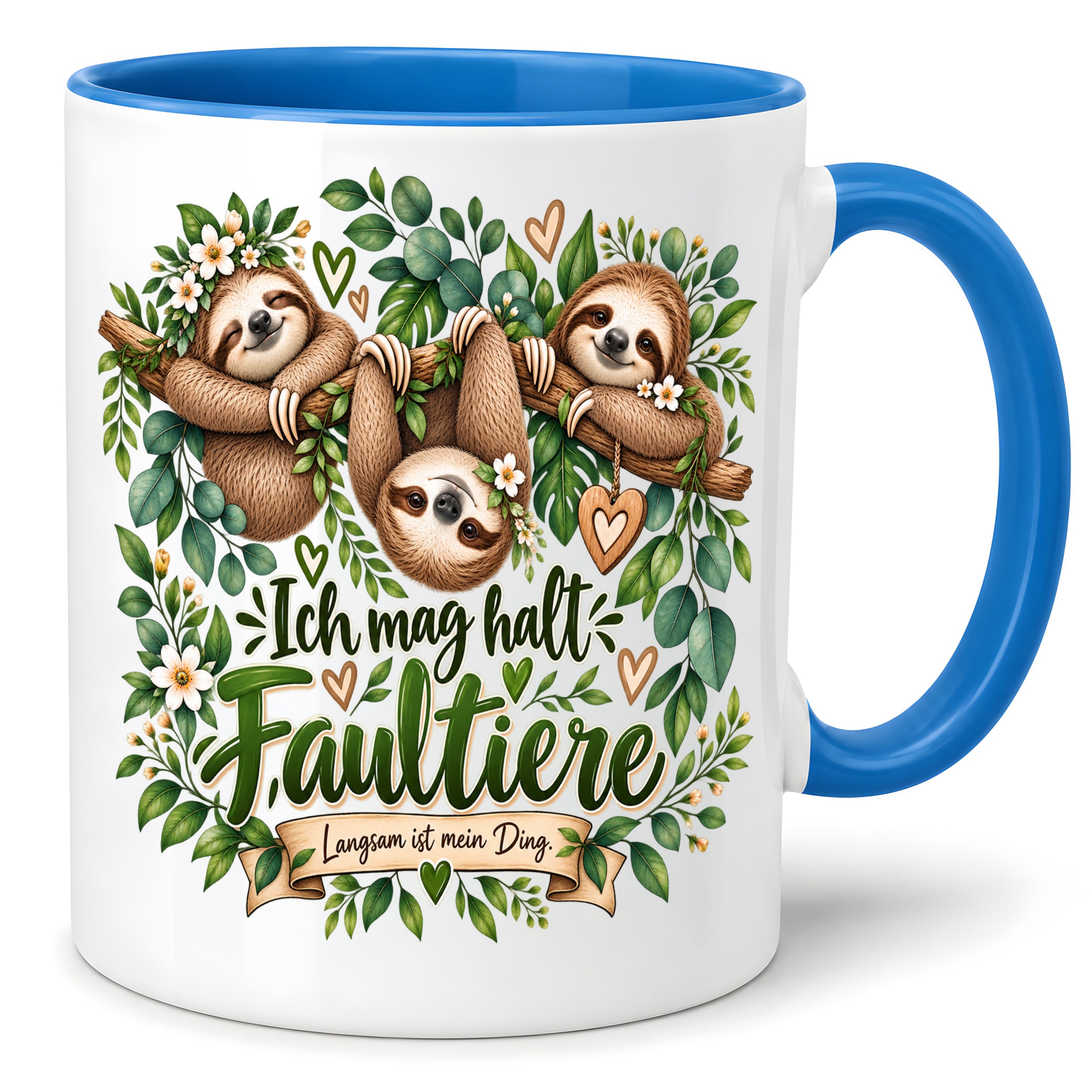Herzbotschaft Tasse mit Farbwahl - Faultier – Ich mag halt Faultiere