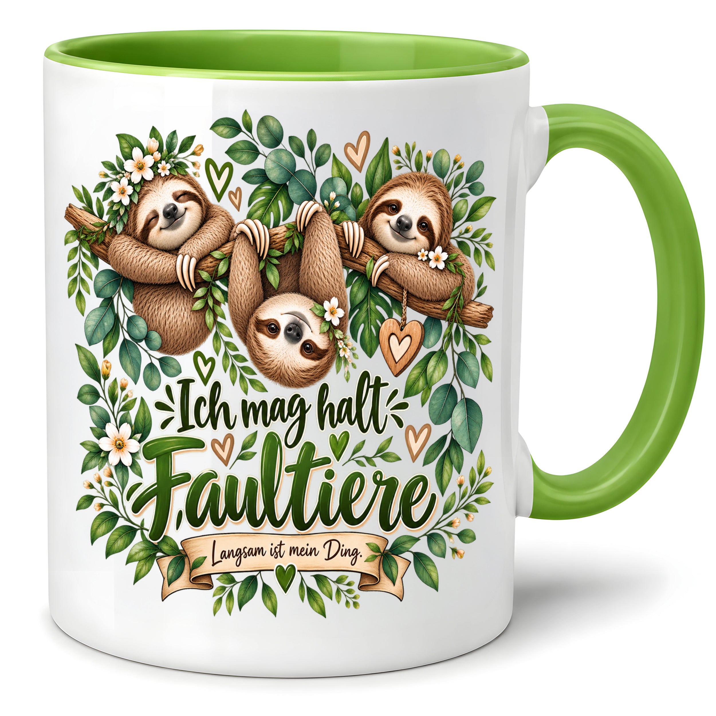 Herzbotschaft Tasse mit Farbwahl - Faultier – Ich mag halt Faultiere