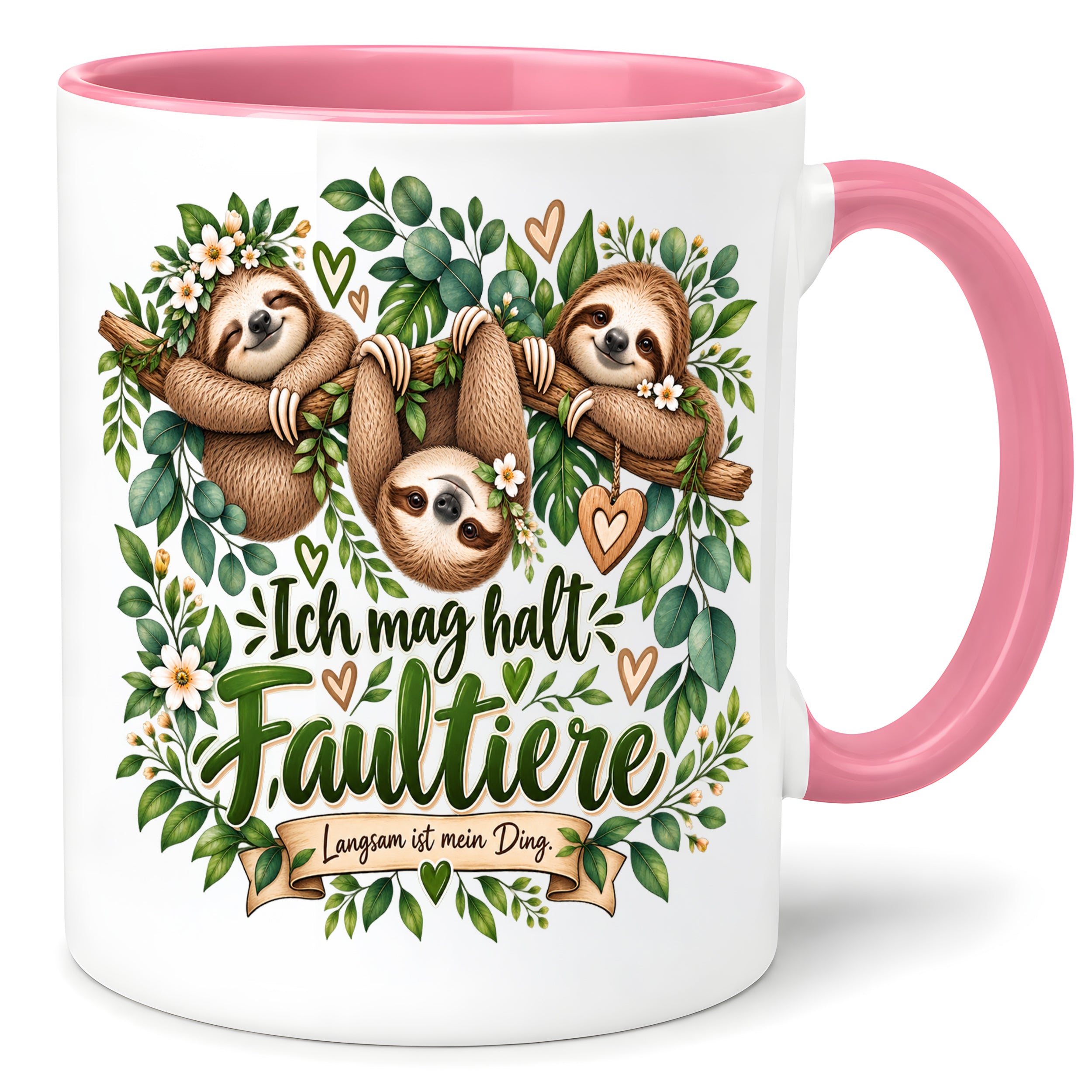 Herzbotschaft Tasse mit Farbwahl - Faultier – Ich mag halt Faultiere