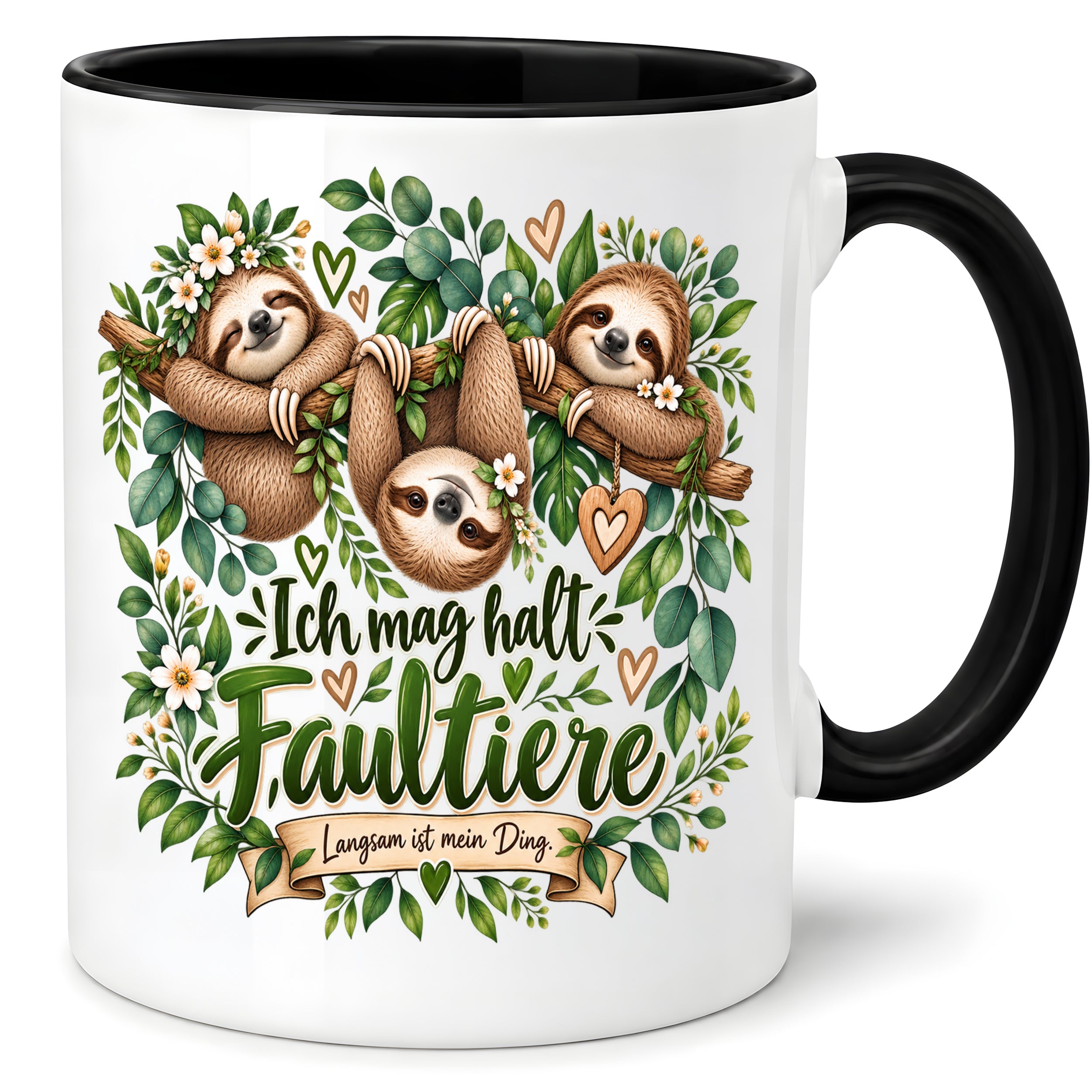 Herzbotschaft Tasse mit Farbwahl - Faultier – Ich mag halt Faultiere