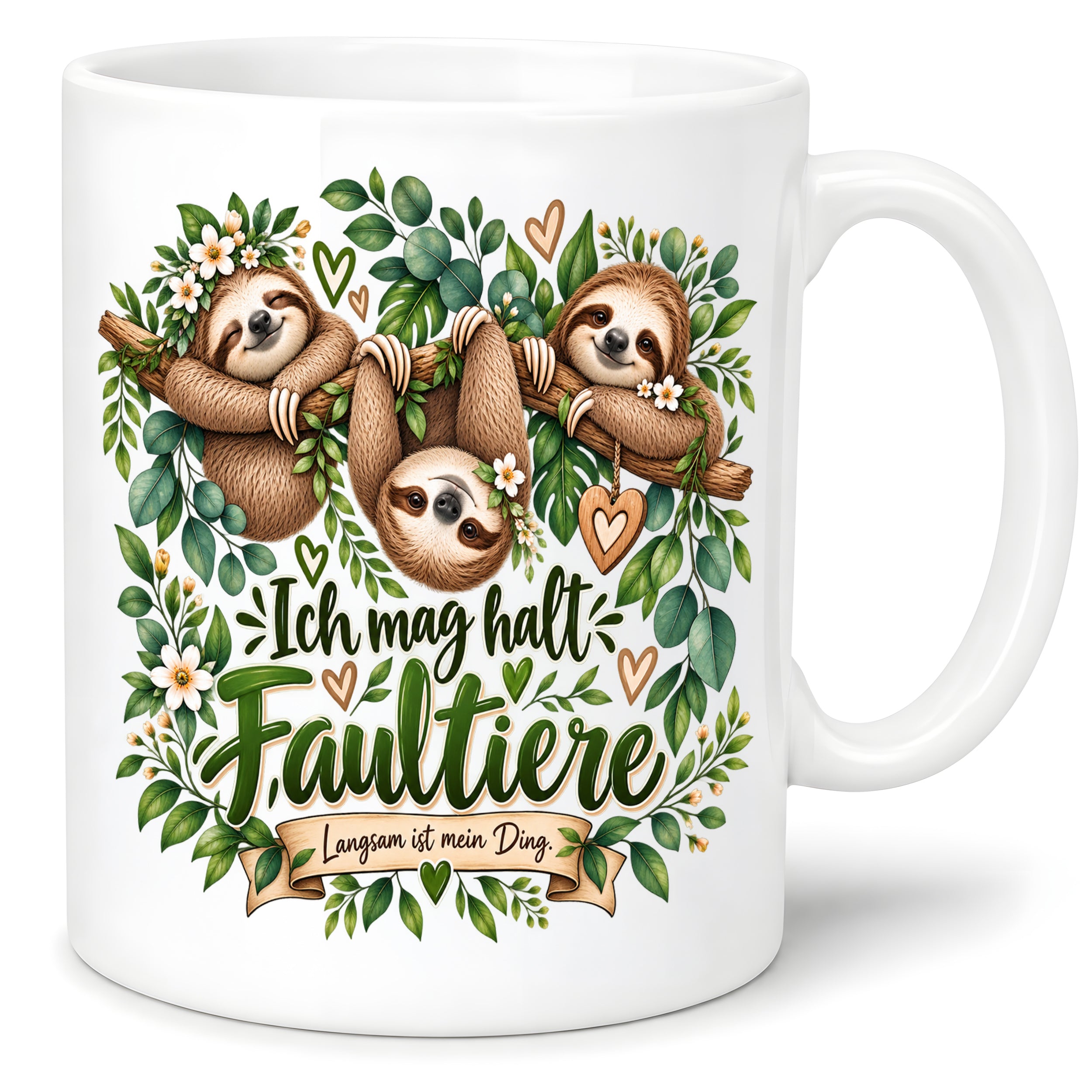 Herzbotschaft Tasse mit Farbwahl - Faultier – Ich mag halt Faultiere