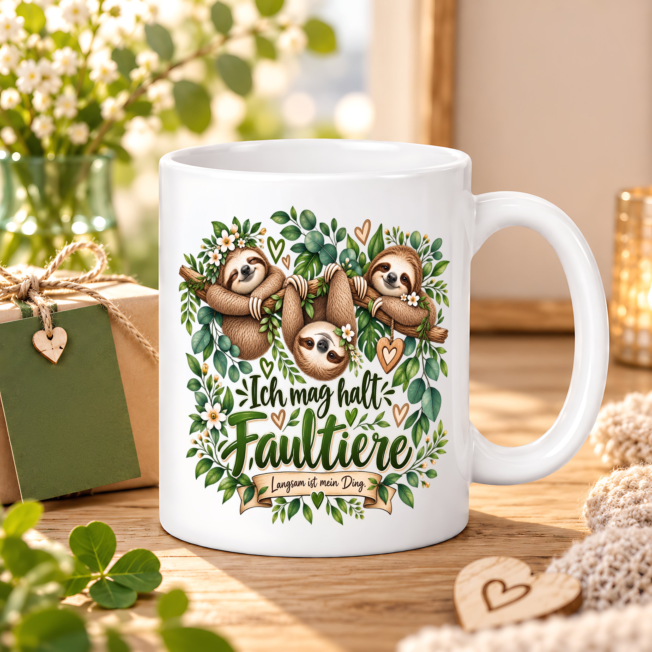 Herzbotschaft Tasse mit Farbwahl - Faultier – Ich mag halt Faultiere