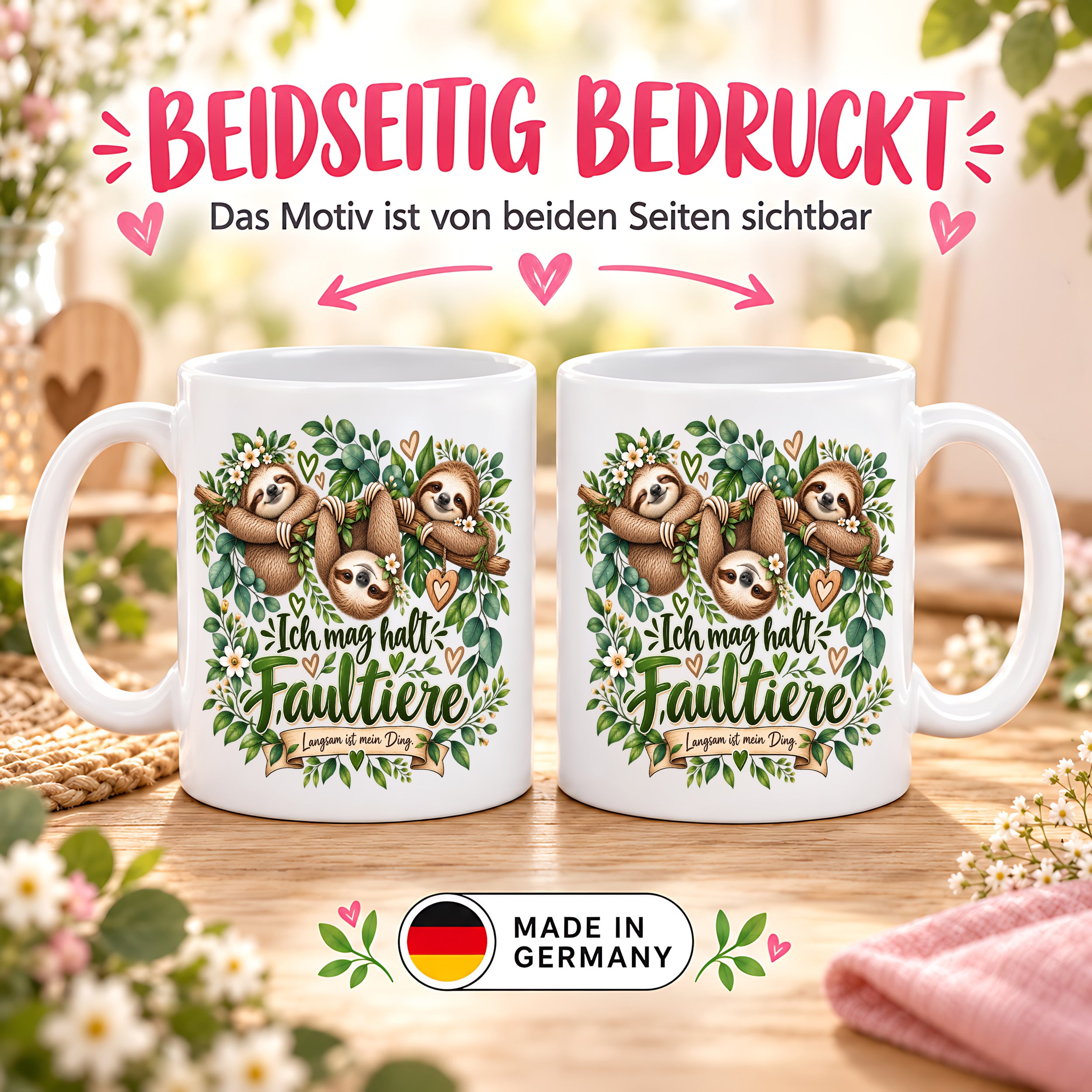 Herzbotschaft Tasse mit Farbwahl - Faultier – Ich mag halt Faultiere