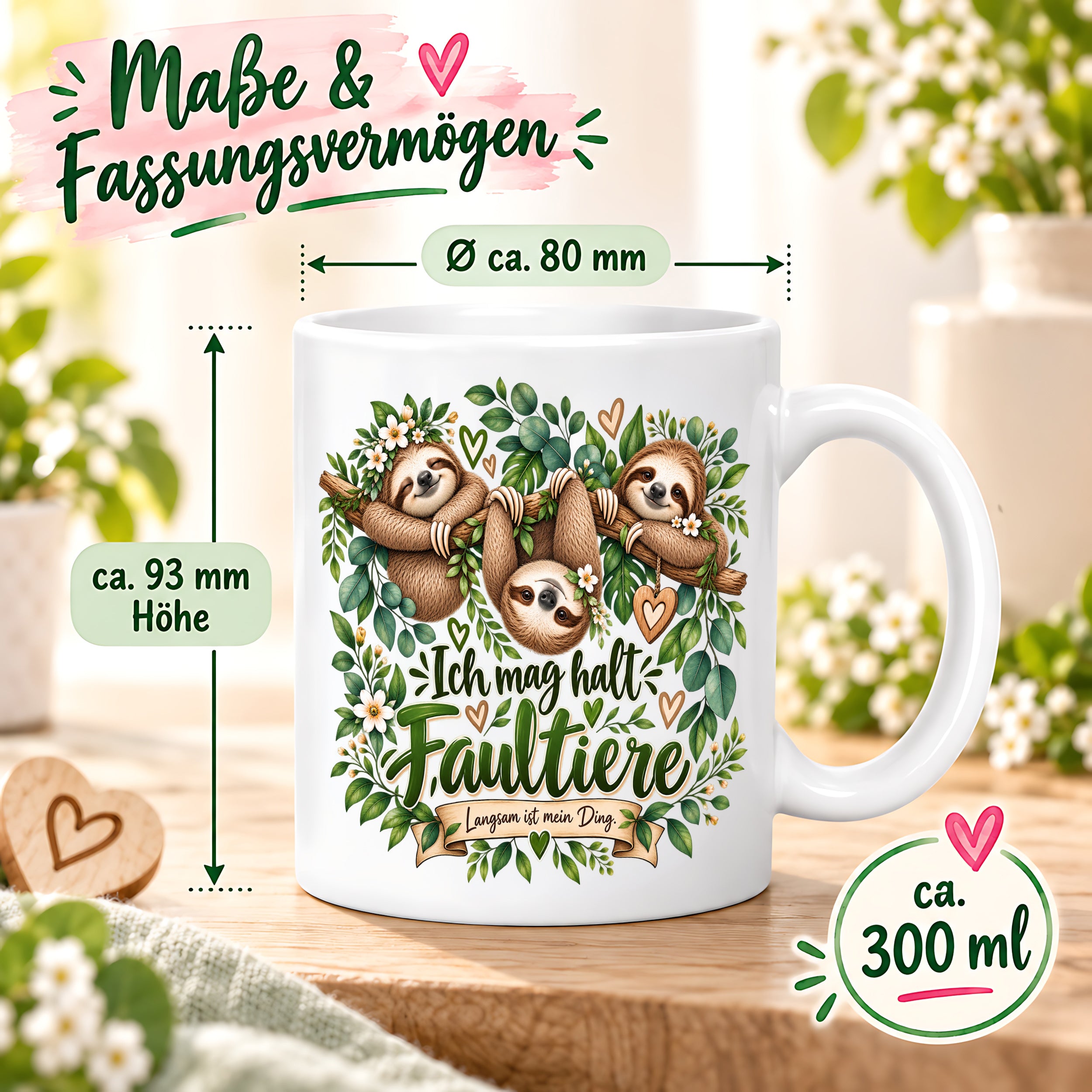 Herzbotschaft Tasse mit Farbwahl - Faultier – Ich mag halt Faultiere