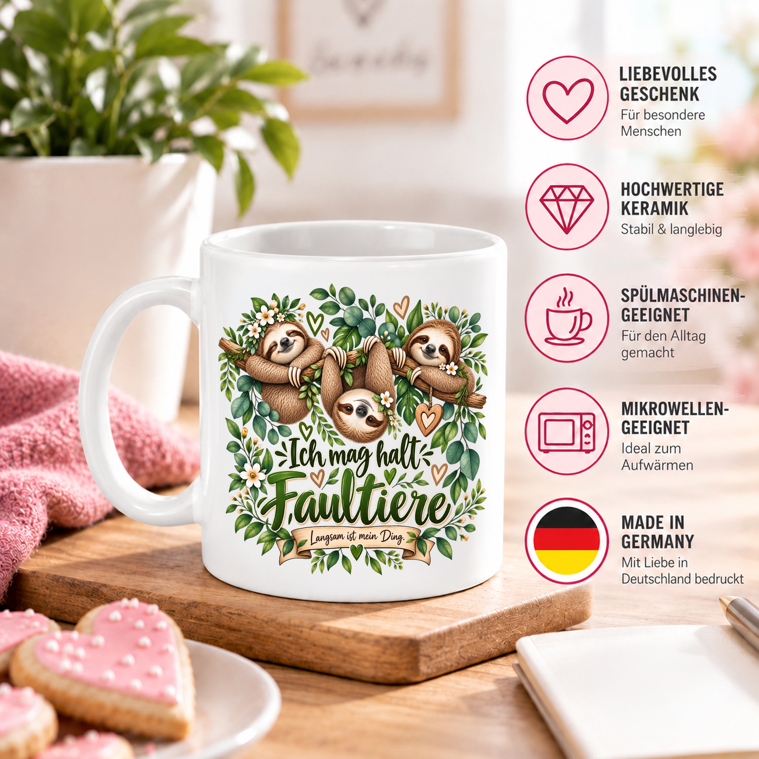Herzbotschaft Tasse mit Farbwahl - Faultier – Ich mag halt Faultiere