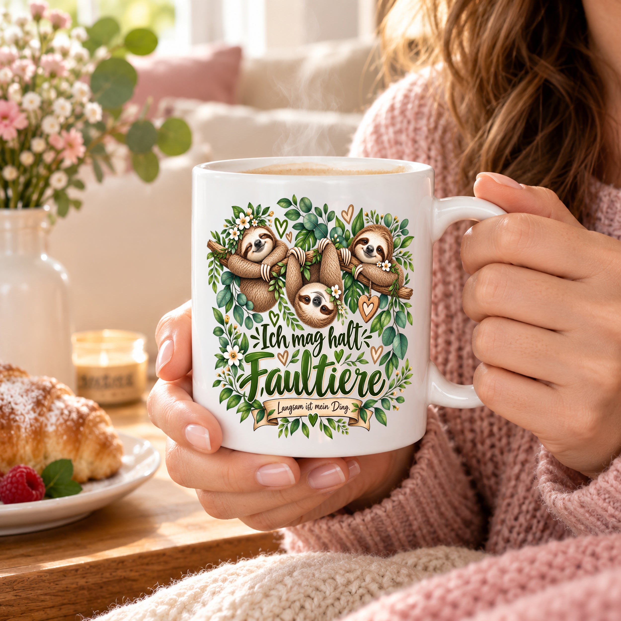 Herzbotschaft Tasse mit Farbwahl - Faultier – Ich mag halt Faultiere