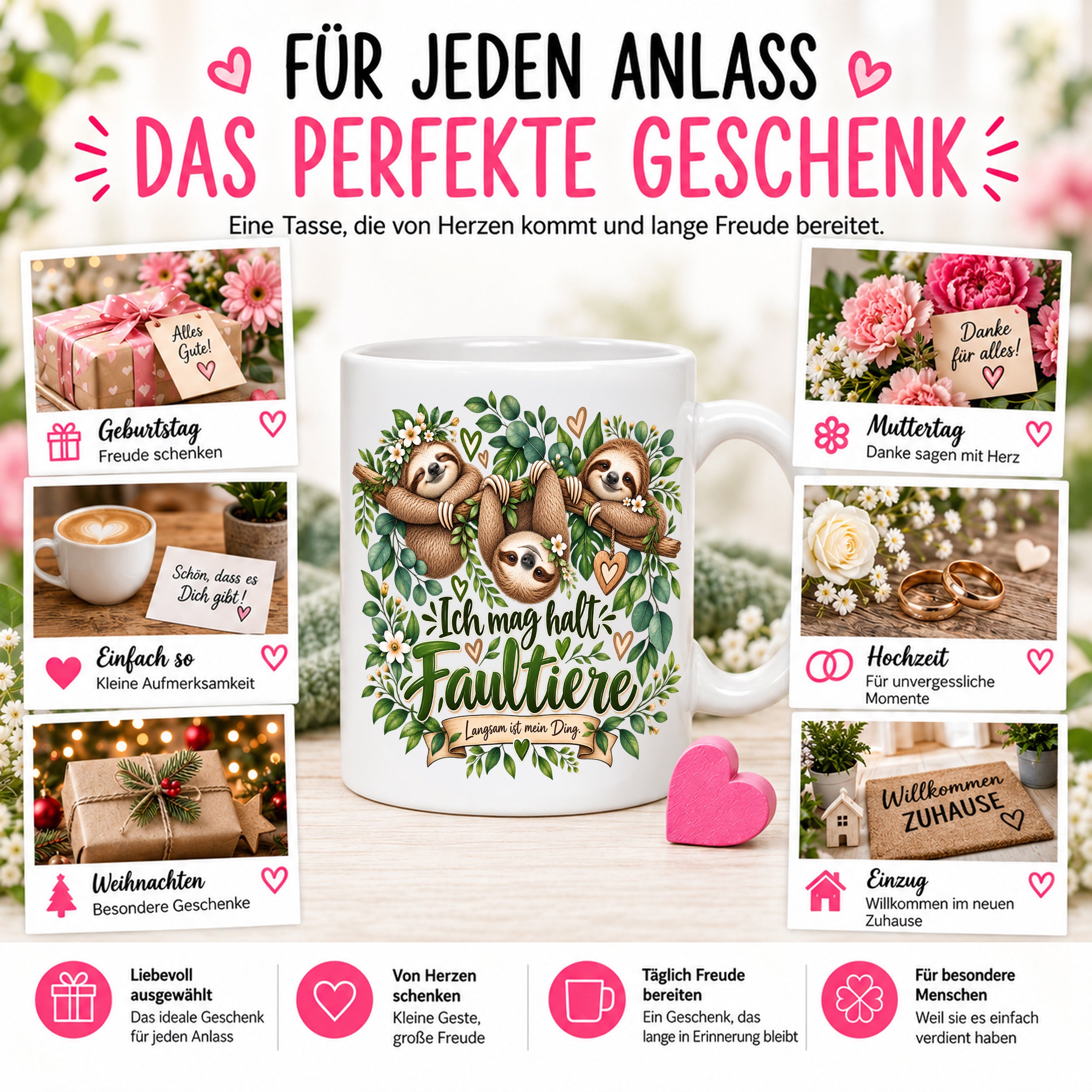 Herzbotschaft Tasse mit Farbwahl - Faultier – Ich mag halt Faultiere