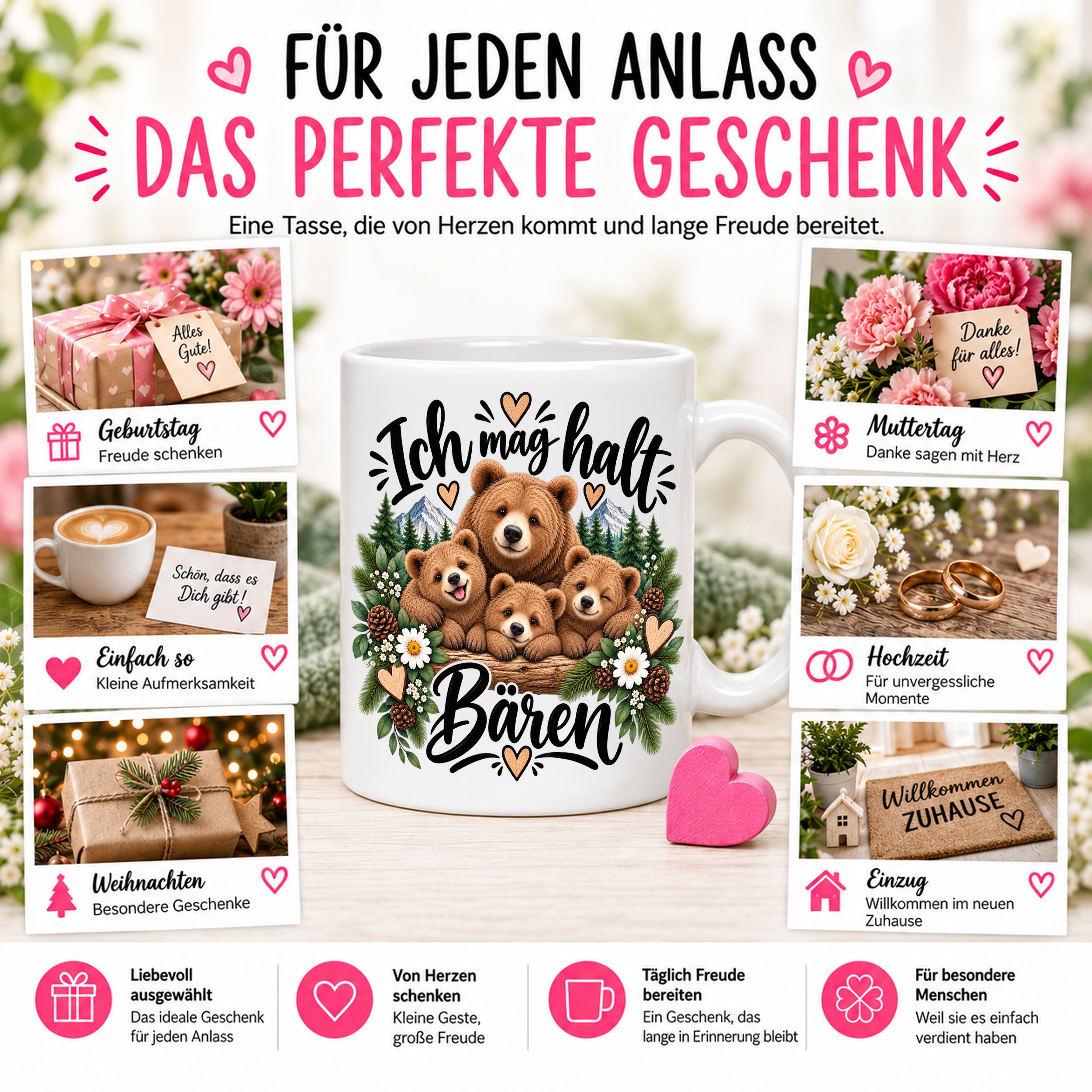 Herzbotschaft Tasse mit Farbwahl - Bären – Ich mag halt Bären