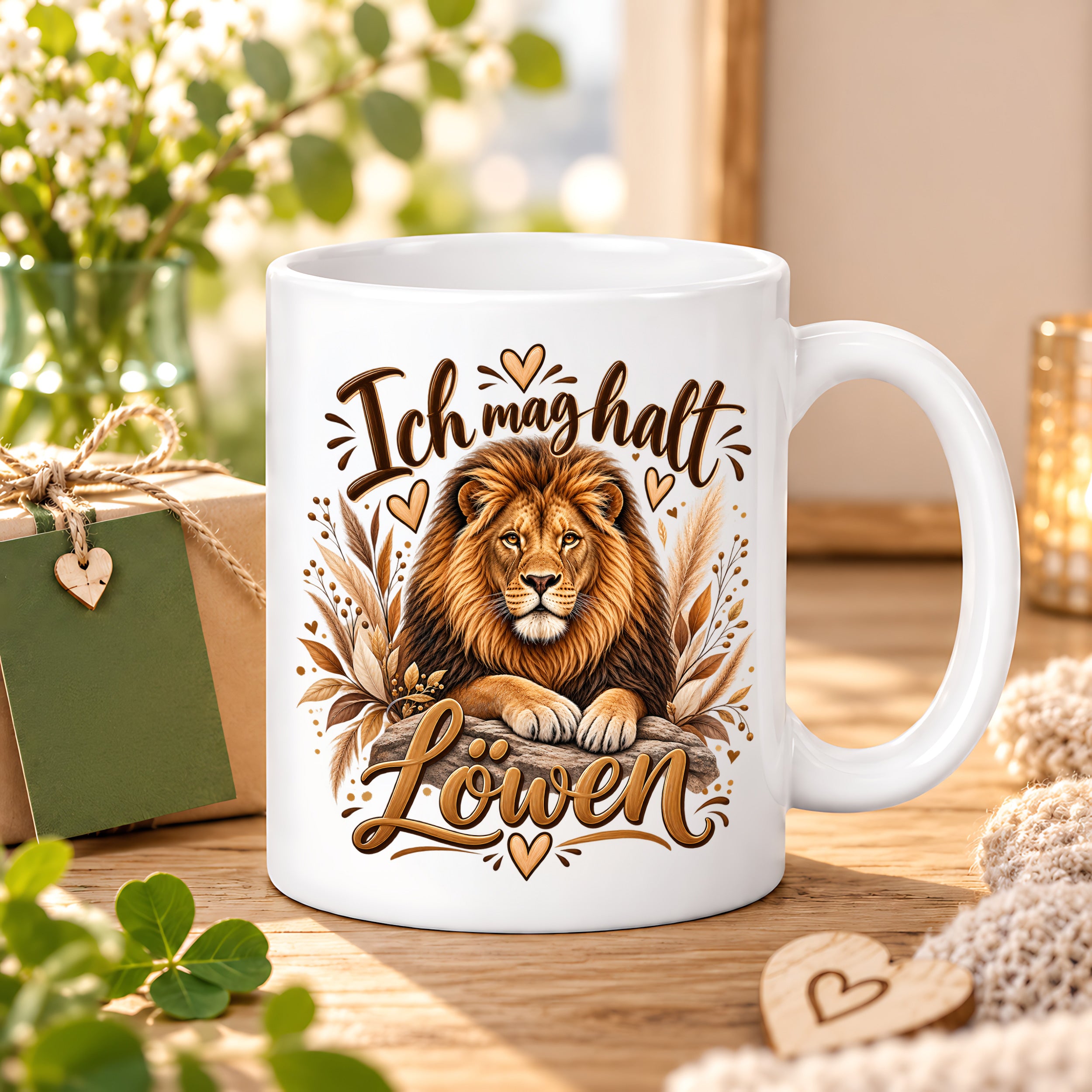 Herzbotschaft Tasse mit Farbwahl - Löwe – Ich mag halt Löwen