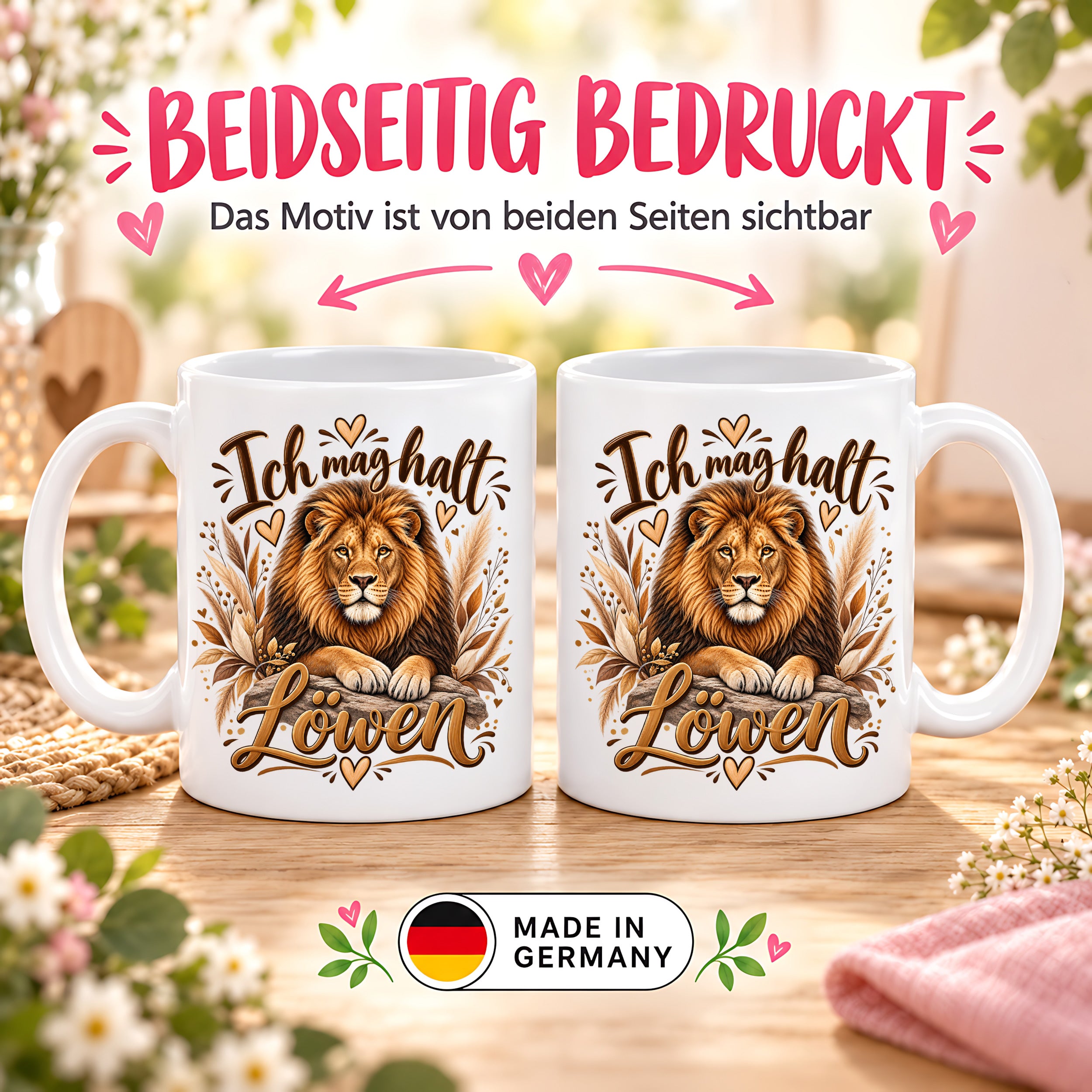 Herzbotschaft Tasse mit Farbwahl - Löwe – Ich mag halt Löwen