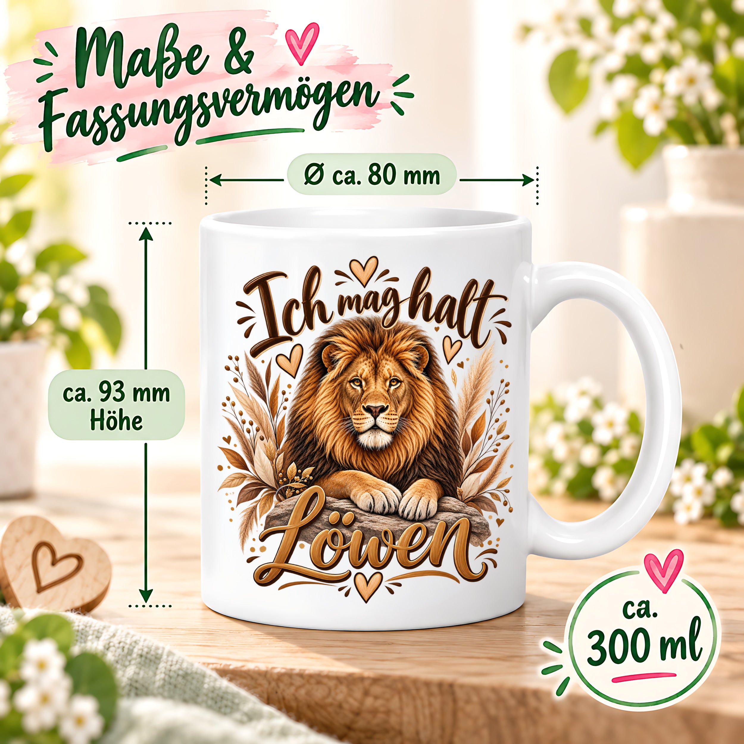 Herzbotschaft Tasse mit Farbwahl - Löwe – Ich mag halt Löwen