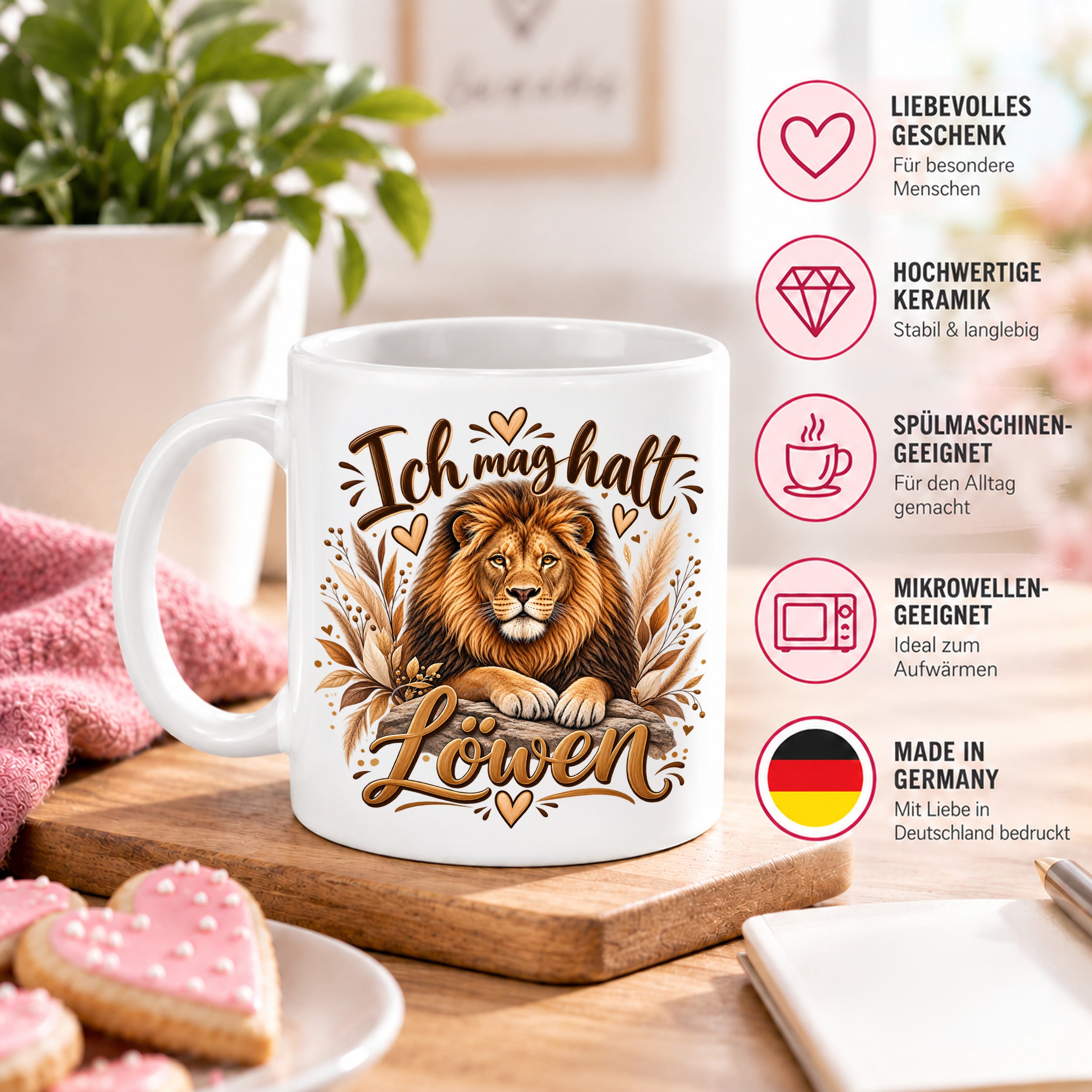 Herzbotschaft Tasse mit Farbwahl - Löwe – Ich mag halt Löwen