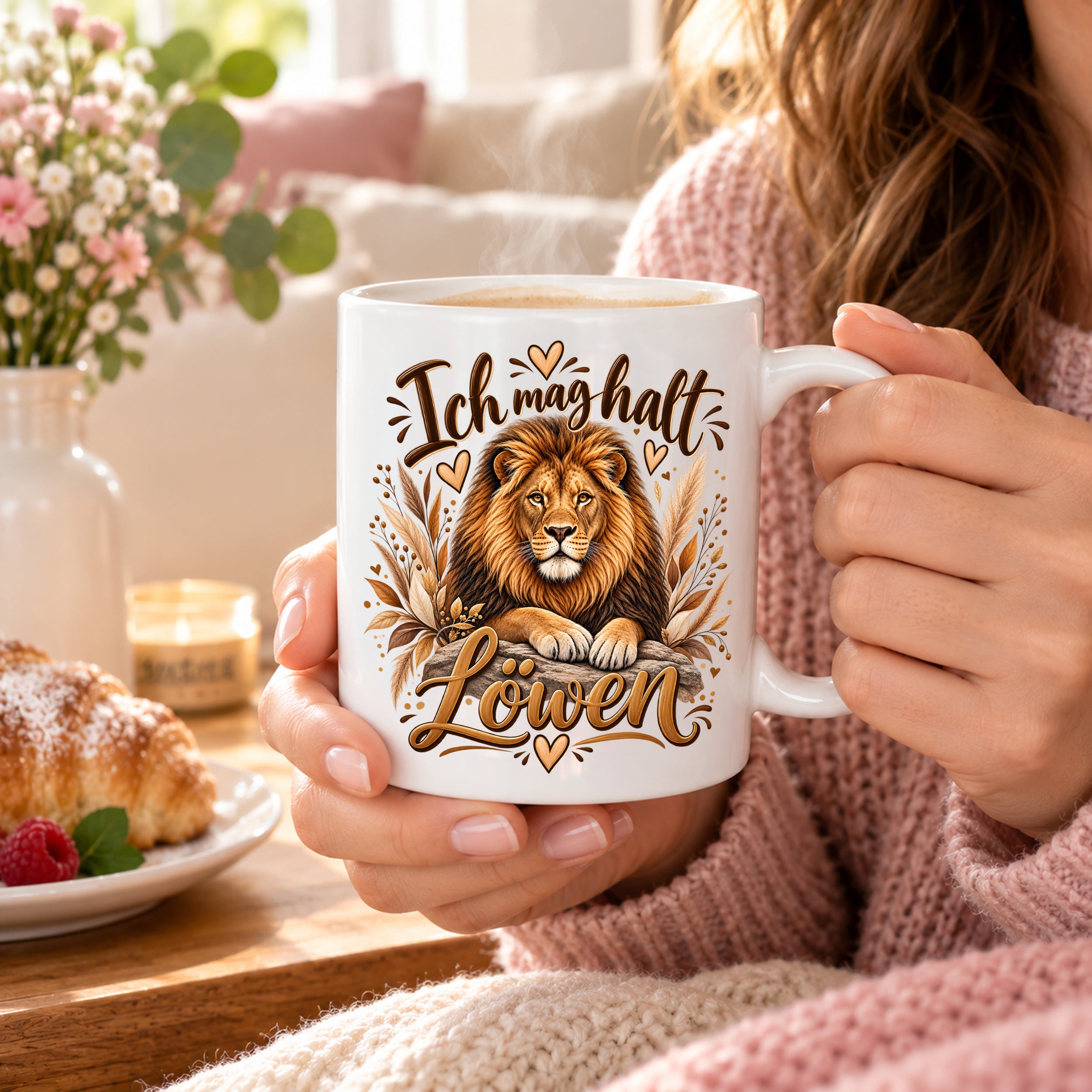Herzbotschaft Tasse mit Farbwahl - Löwe – Ich mag halt Löwen