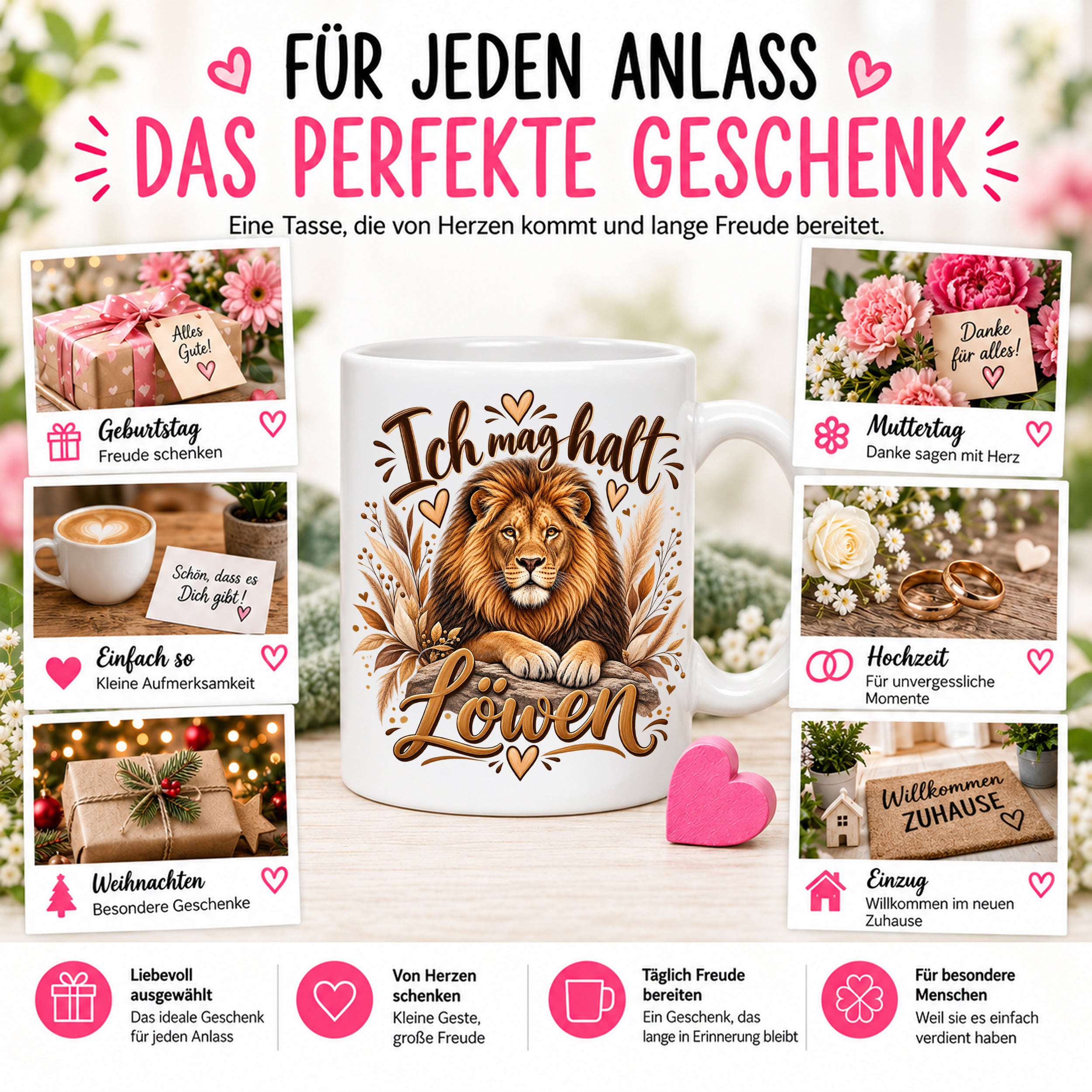 Herzbotschaft Tasse mit Farbwahl - Löwe – Ich mag halt Löwen