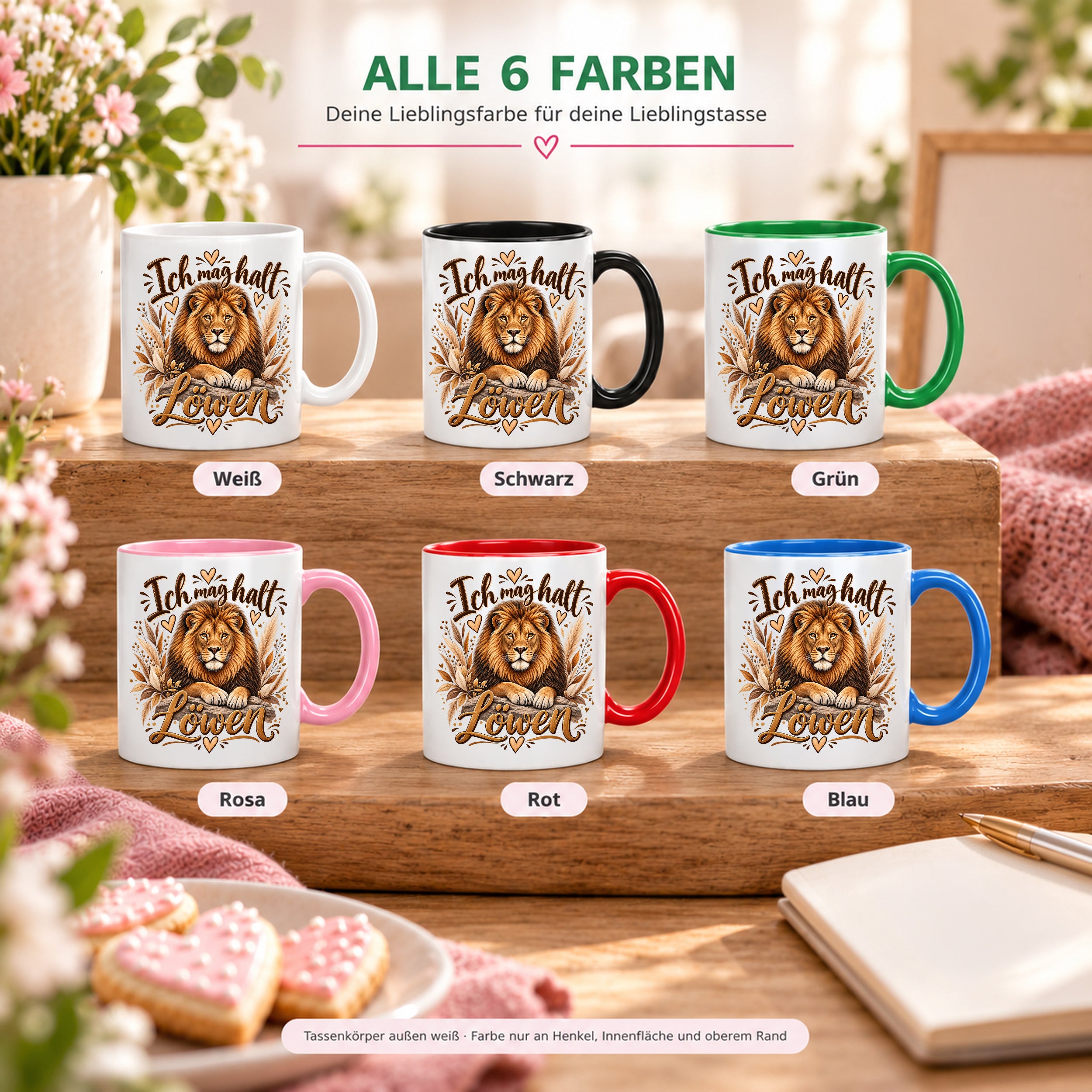 Herzbotschaft Tasse mit Farbwahl - Löwe – Ich mag halt Löwen