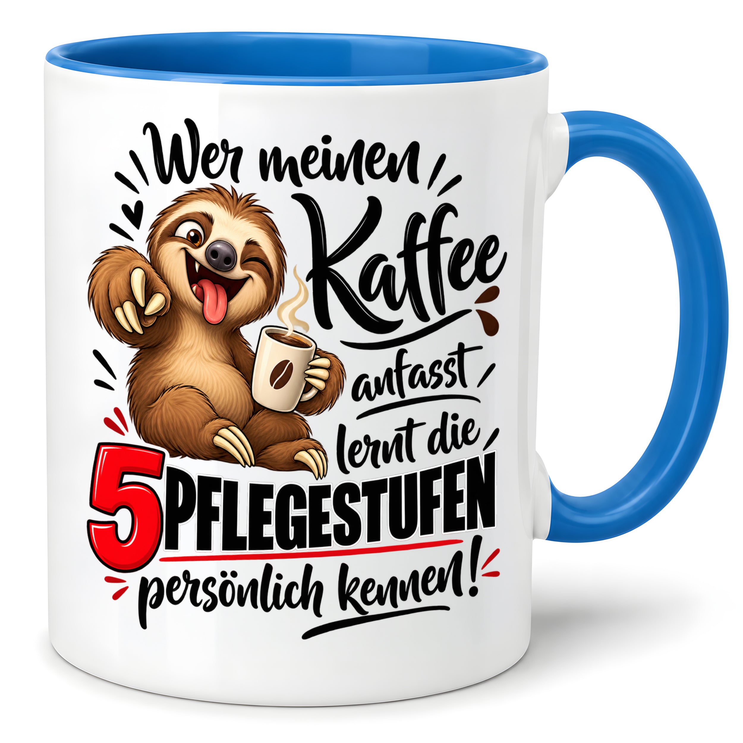Herzbotschaft Tasse mit Farbwahl - Kaffee Faultier 5 Pflegestufen Geschenk 330 ml