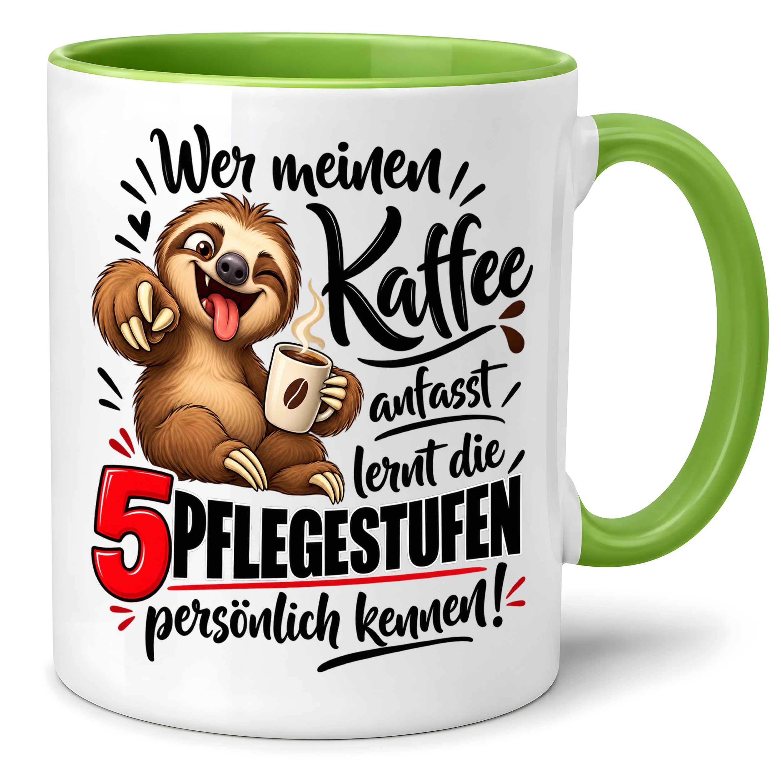 Herzbotschaft Tasse mit Farbwahl - Kaffee Faultier 5 Pflegestufen Geschenk 330 ml