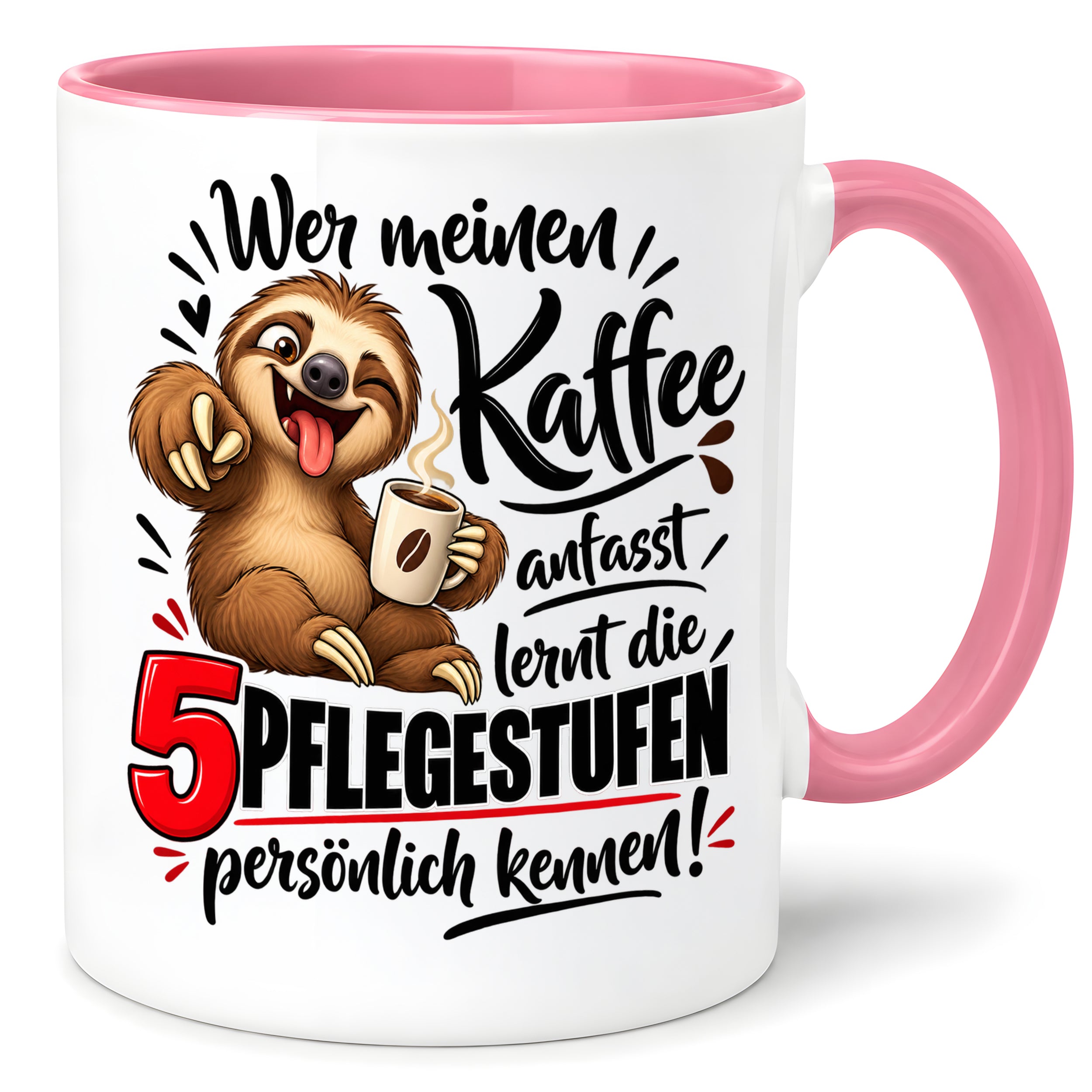 Herzbotschaft Tasse mit Farbwahl - Kaffee Faultier 5 Pflegestufen Geschenk 330 ml