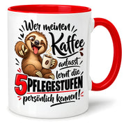 Herzbotschaft Tasse mit Farbwahl - Kaffee Faultier 5 Pflegestufen Geschenk 330 ml