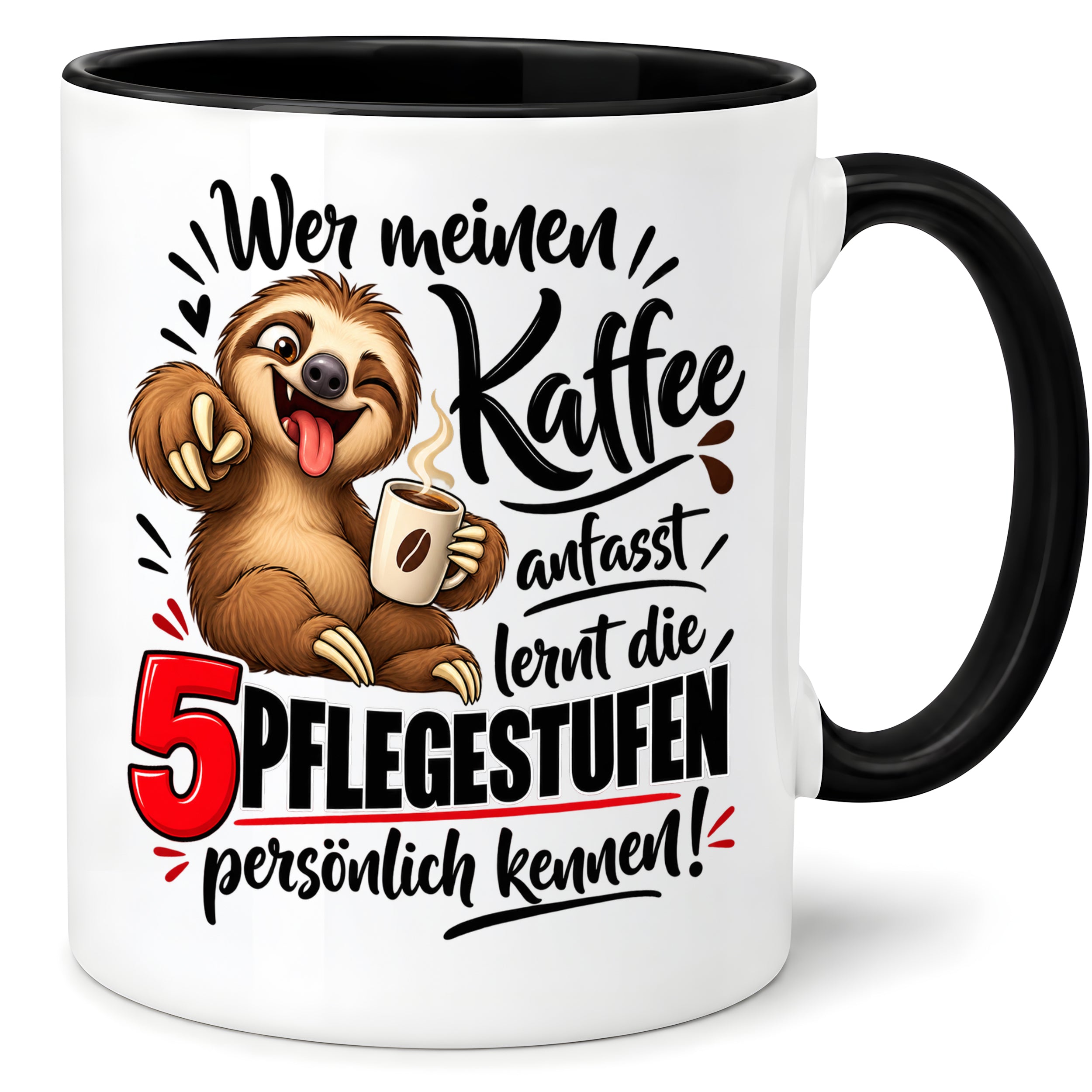 Herzbotschaft Tasse mit Farbwahl - Kaffee Faultier 5 Pflegestufen Geschenk 330 ml
