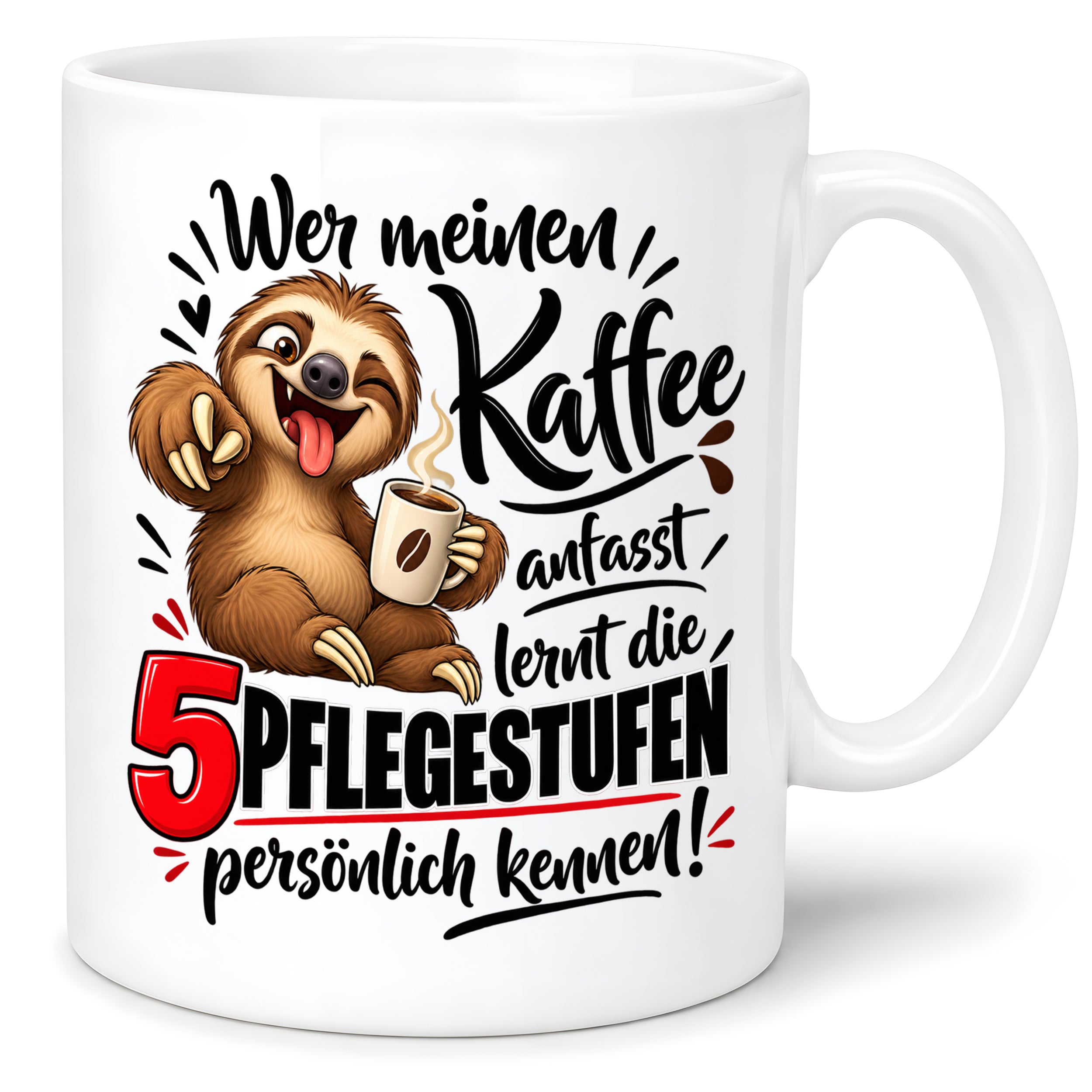 Herzbotschaft Tasse mit Farbwahl - Kaffee Faultier 5 Pflegestufen Geschenk 330 ml