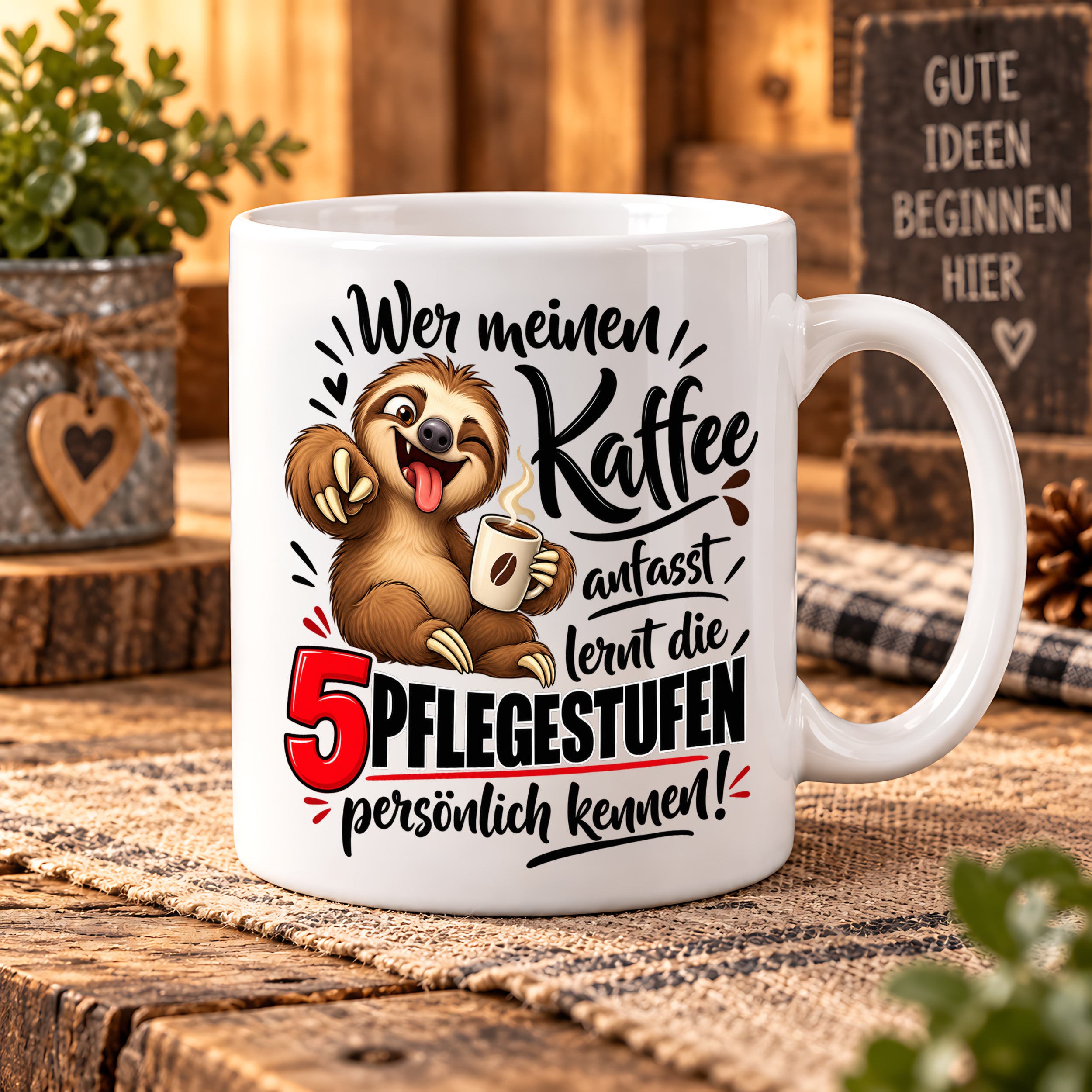 Herzbotschaft Tasse mit Farbwahl - Kaffee Faultier 5 Pflegestufen Geschenk 330 ml