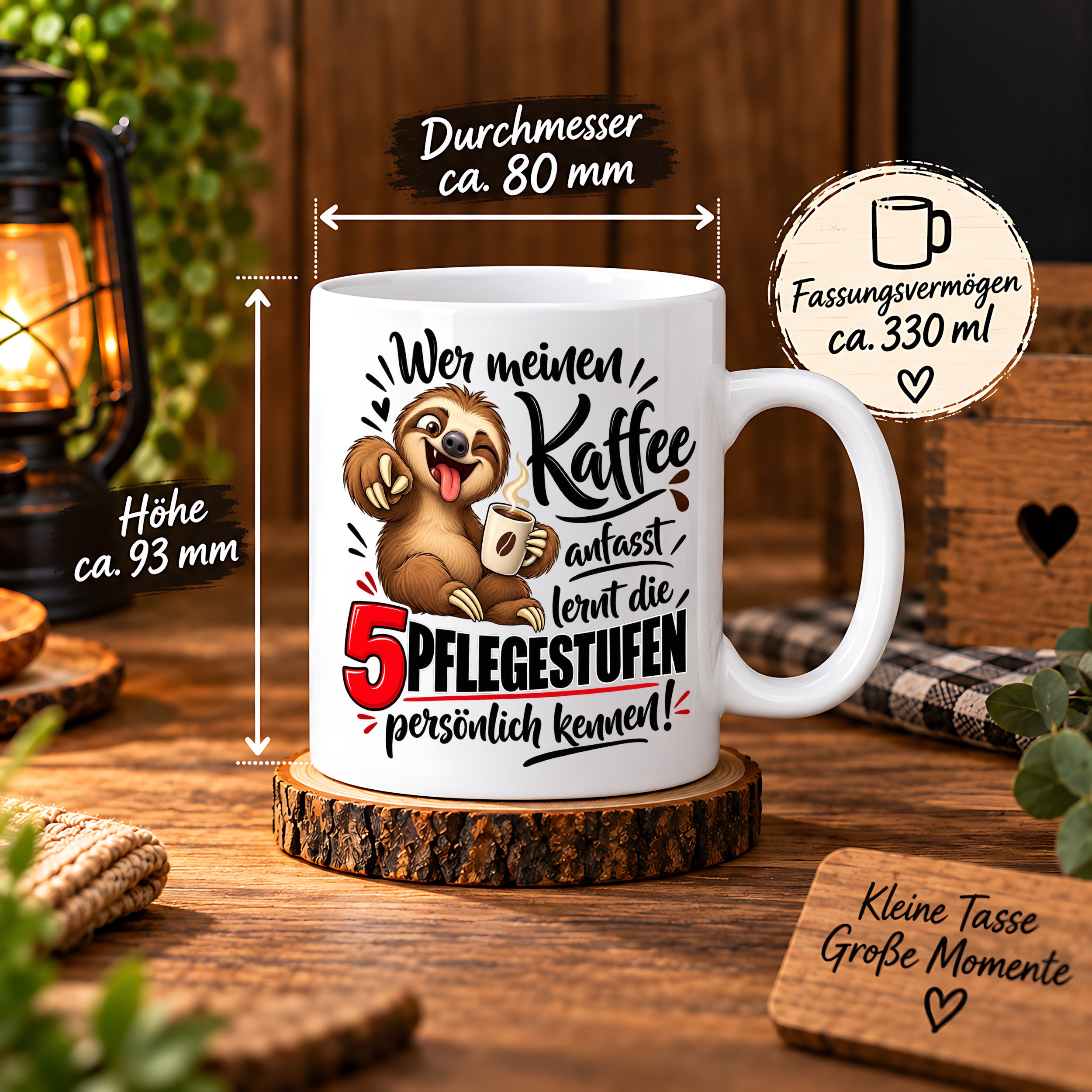 Herzbotschaft Tasse mit Farbwahl - Kaffee Faultier 5 Pflegestufen Geschenk 330 ml