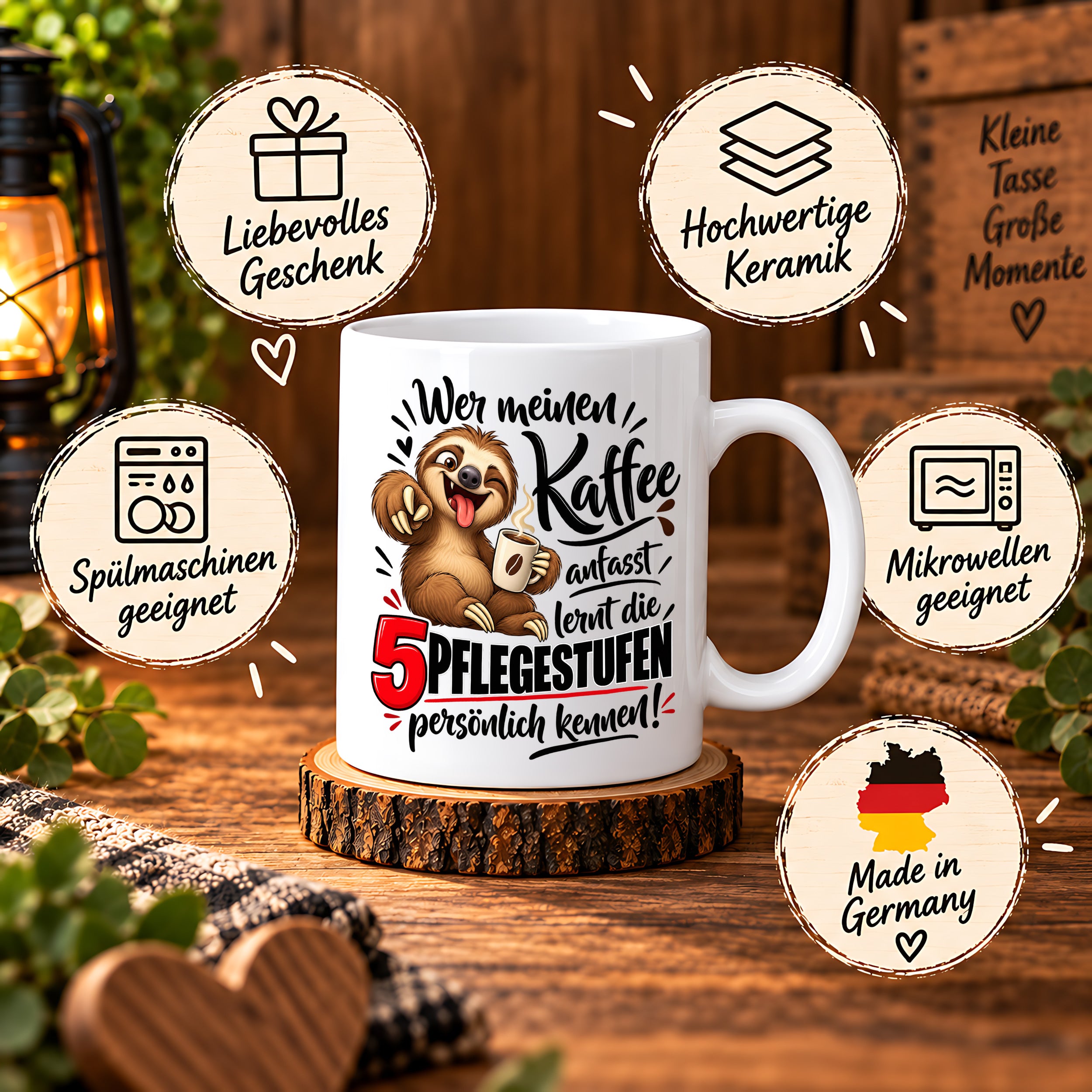 Herzbotschaft Tasse mit Farbwahl - Kaffee Faultier 5 Pflegestufen Geschenk 330 ml