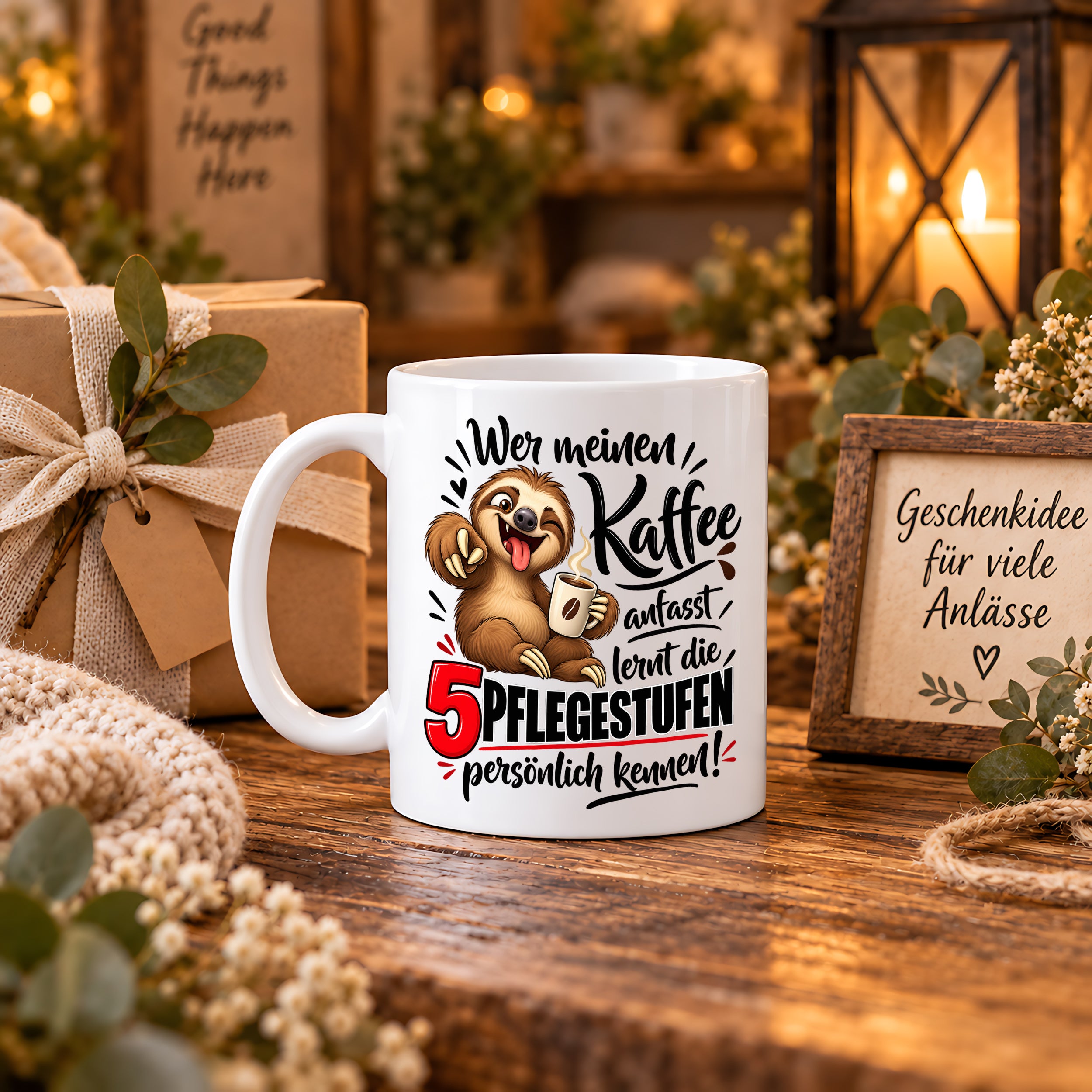Herzbotschaft Tasse mit Farbwahl - Kaffee Faultier 5 Pflegestufen Geschenk 330 ml
