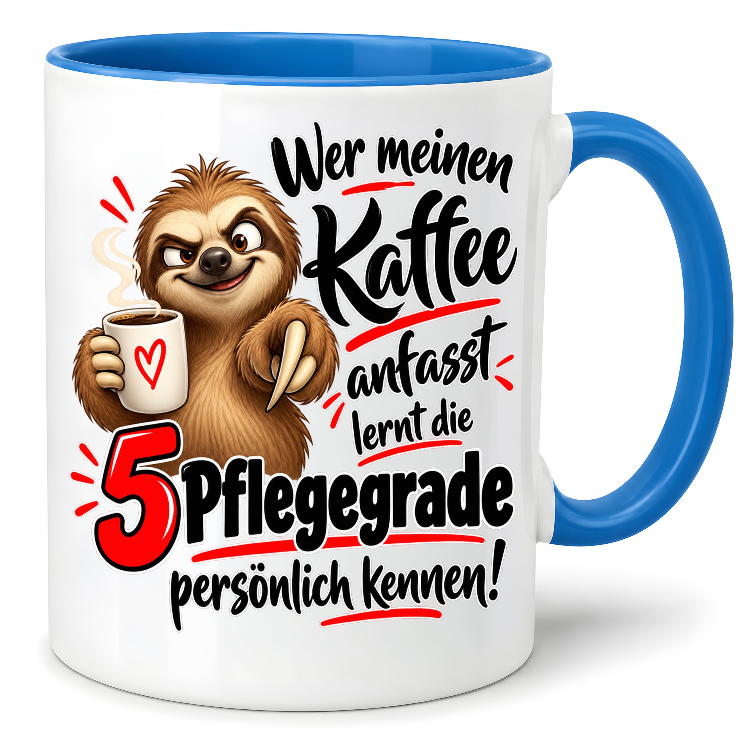 Herzbotschaft Tasse mit Farbwahl - Kaffee Faultier 5 Pflegegrade Geschenk 330 ml