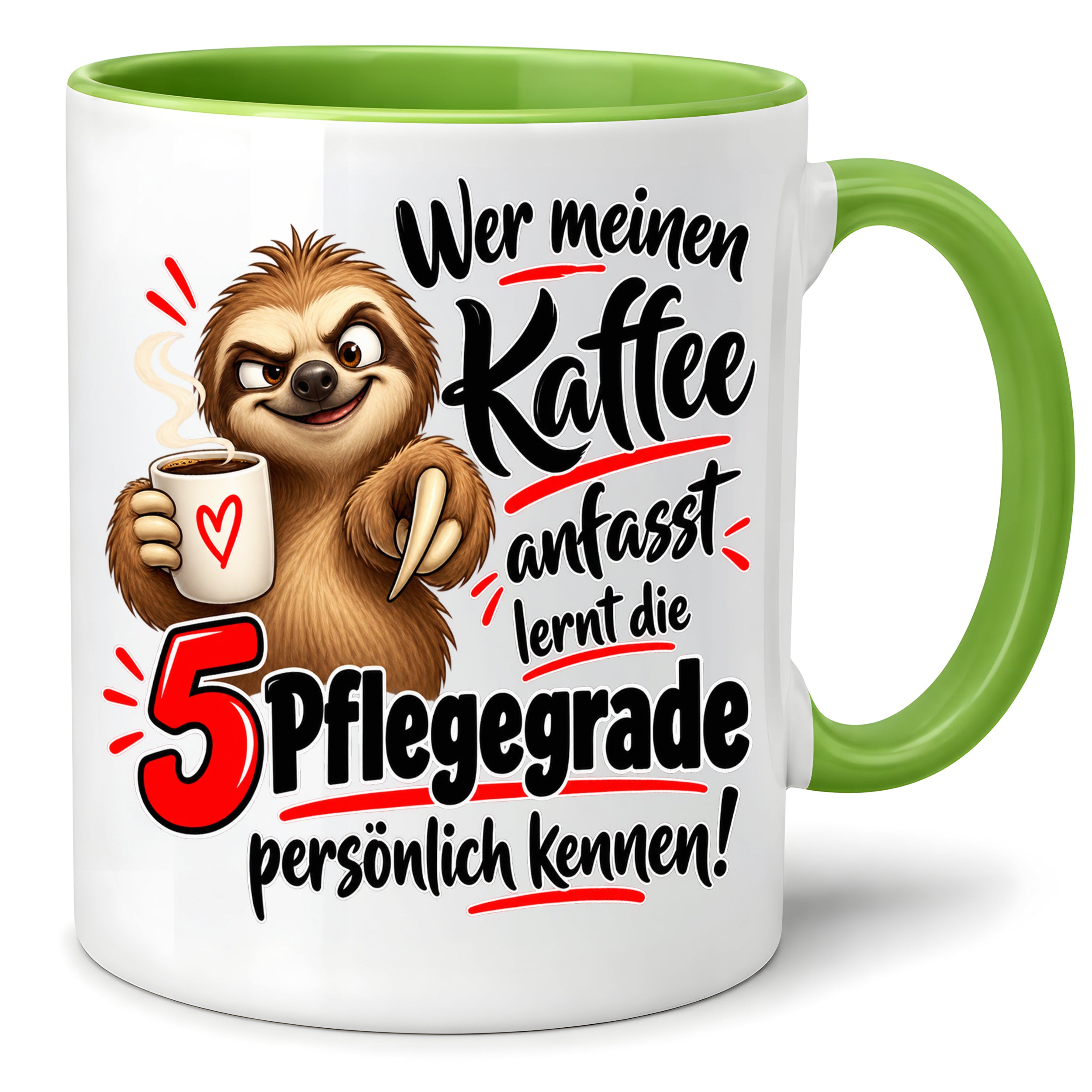 Herzbotschaft Tasse mit Farbwahl - Kaffee Faultier 5 Pflegegrade Geschenk 330 ml