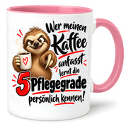 Herzbotschaft Tasse mit Farbwahl - Kaffee Faultier 5 Pflegegrade Geschenk 330 ml