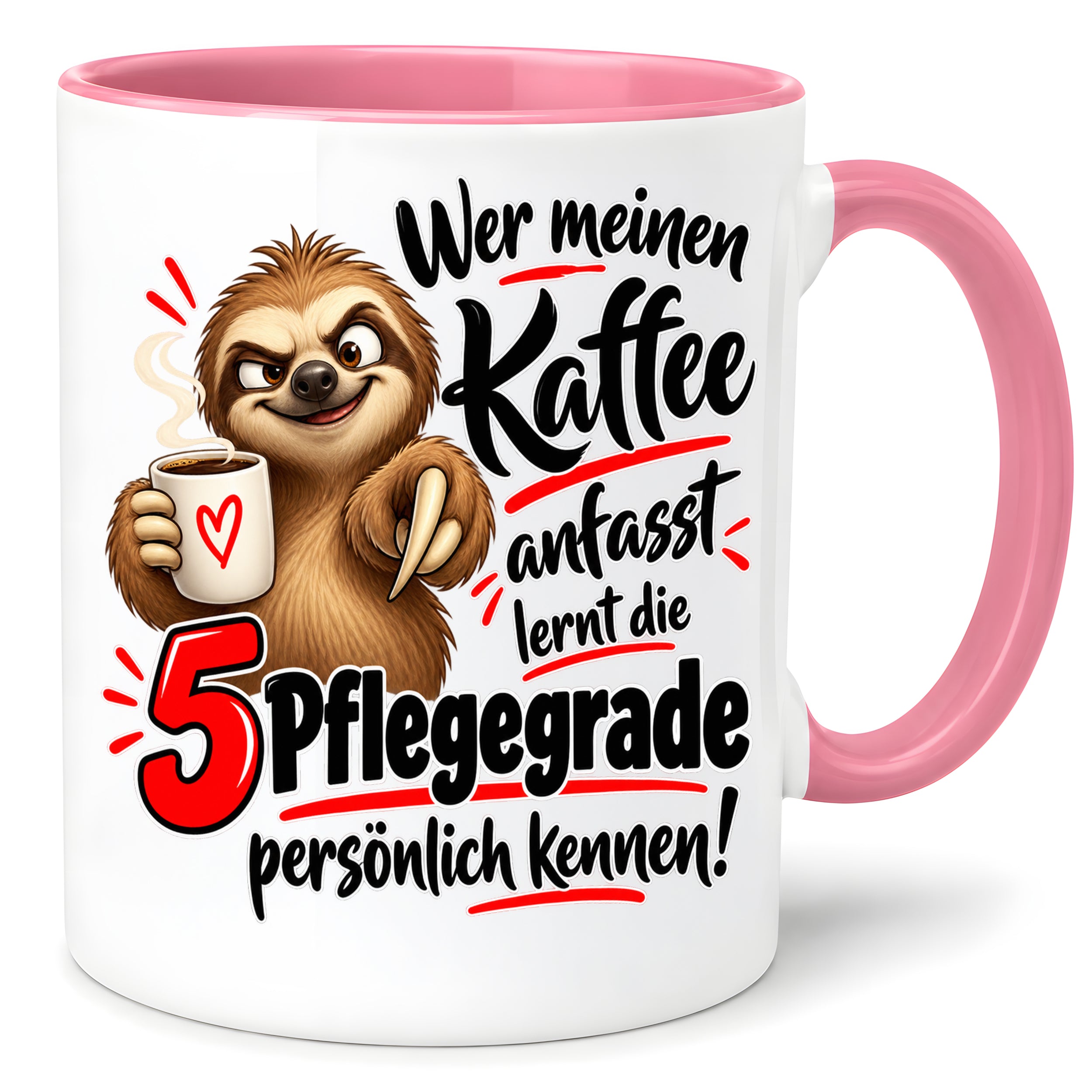 Herzbotschaft Tasse mit Farbwahl - Kaffee Faultier 5 Pflegegrade Geschenk 330 ml