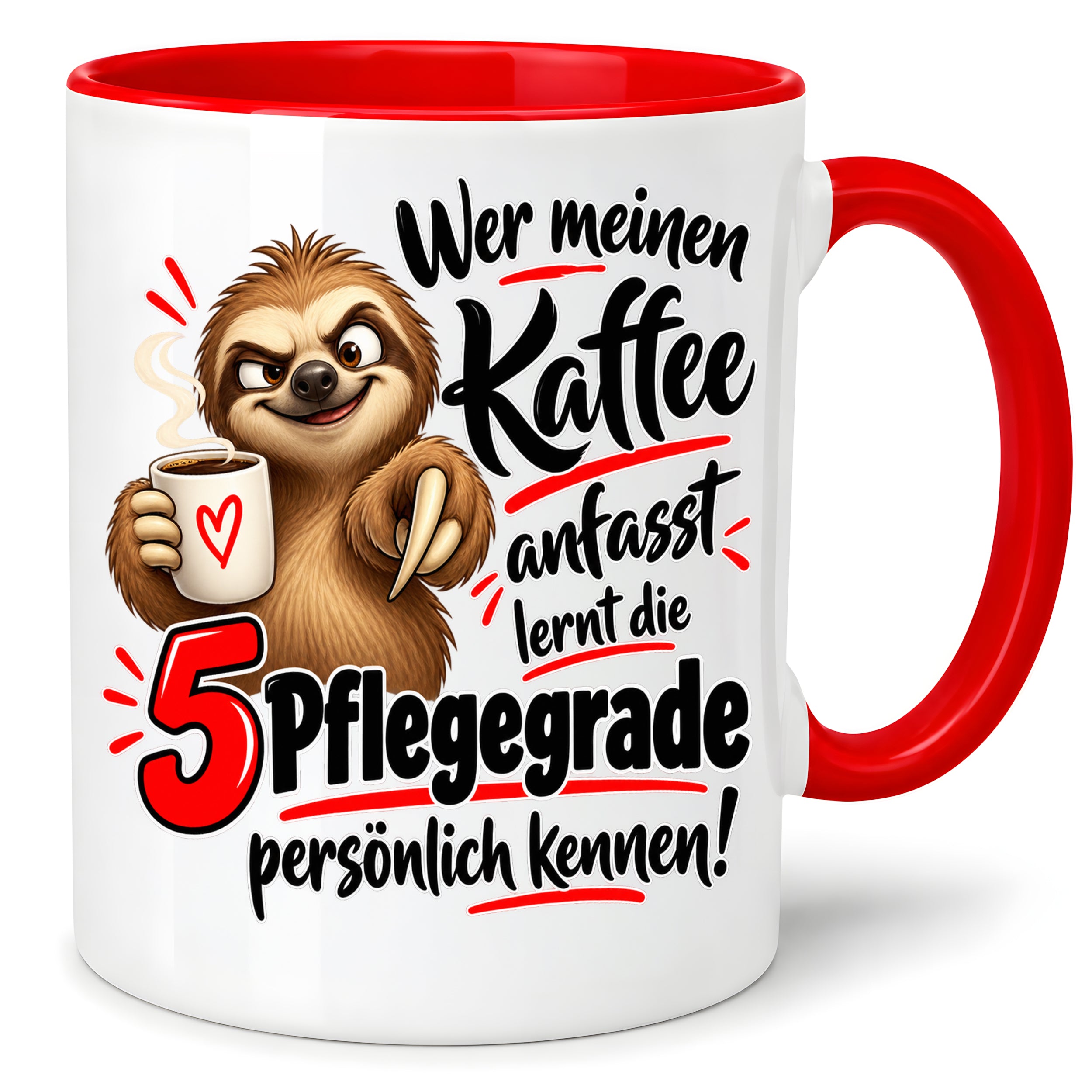 Herzbotschaft Tasse mit Farbwahl - Kaffee Faultier 5 Pflegegrade Geschenk 330 ml
