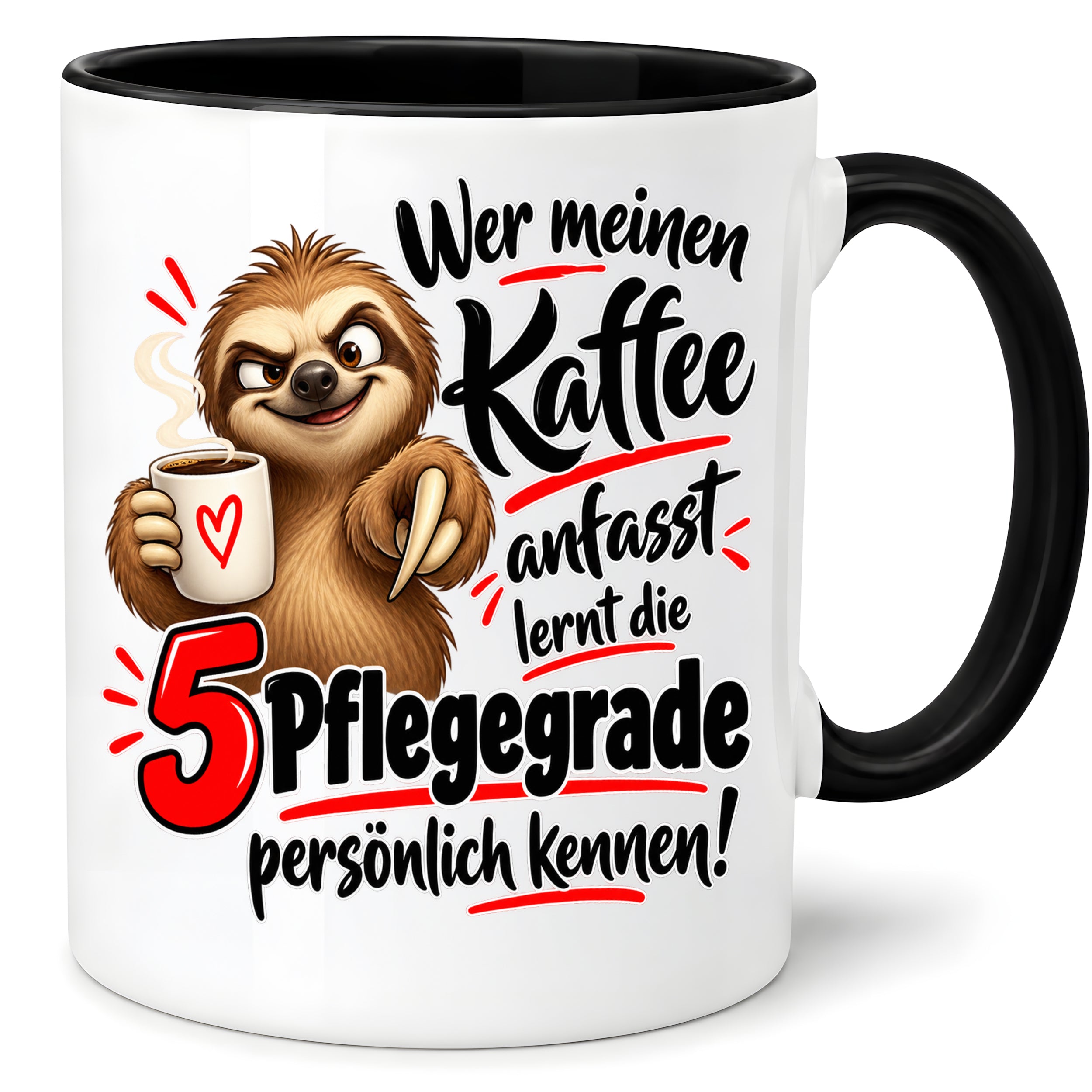 Herzbotschaft Tasse mit Farbwahl - Kaffee Faultier 5 Pflegegrade Geschenk 330 ml