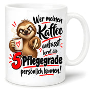 Herzbotschaft Tasse mit Farbwahl - Kaffee Faultier 5 Pflegegrade Geschenk 330 ml