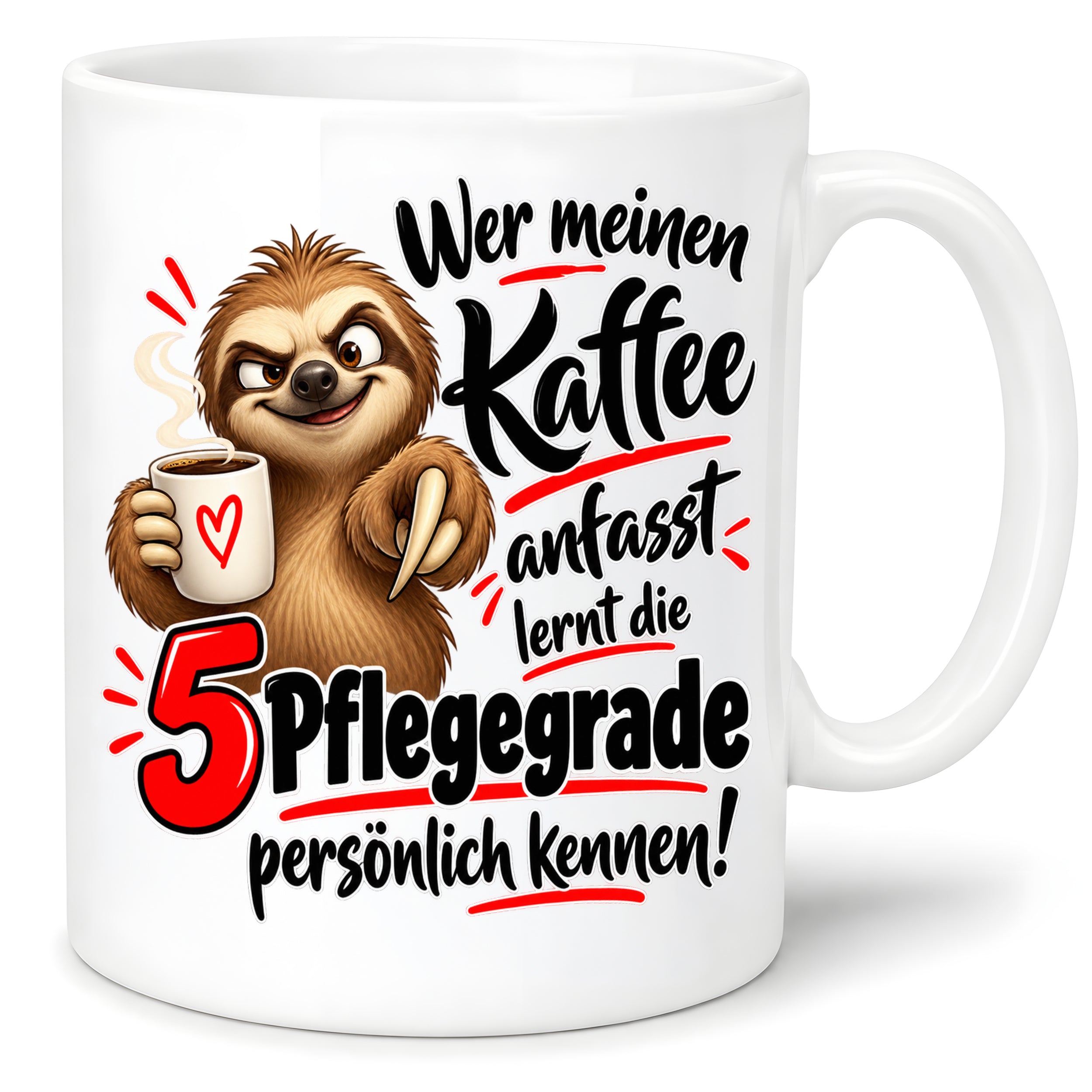 Herzbotschaft Tasse mit Farbwahl - Kaffee Faultier 5 Pflegegrade Geschenk 330 ml