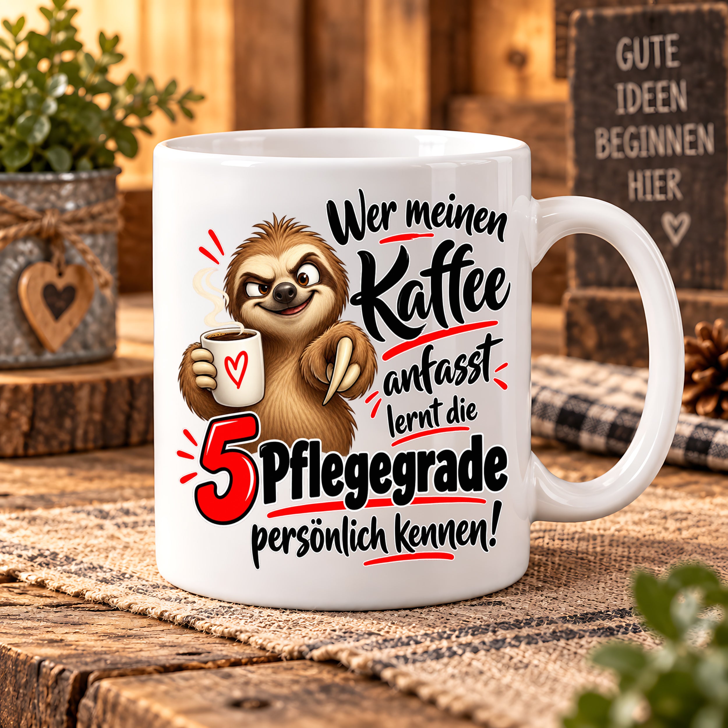 Herzbotschaft Tasse mit Farbwahl - Kaffee Faultier 5 Pflegegrade Geschenk 330 ml