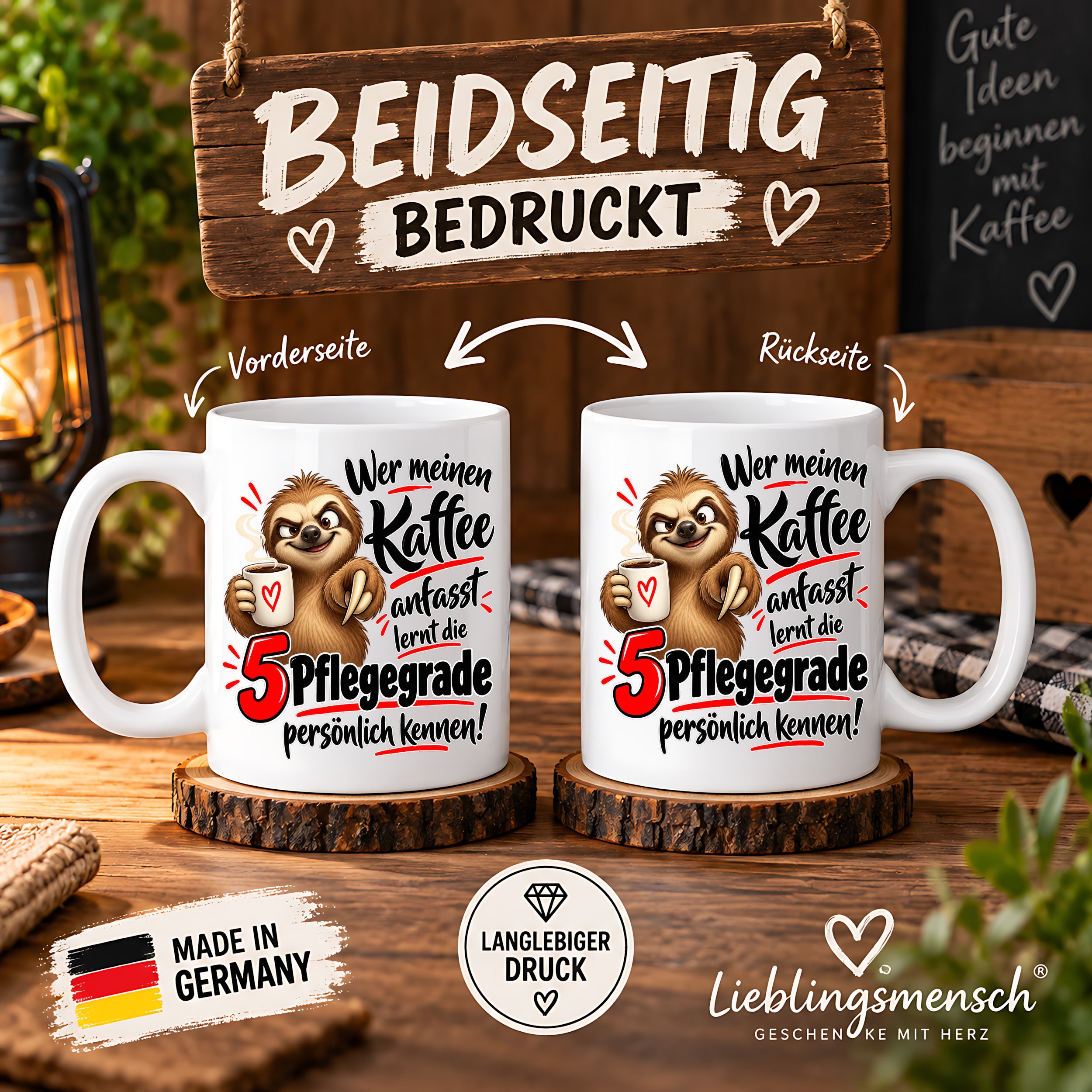 Herzbotschaft Tasse mit Farbwahl - Kaffee Faultier 5 Pflegegrade Geschenk 330 ml