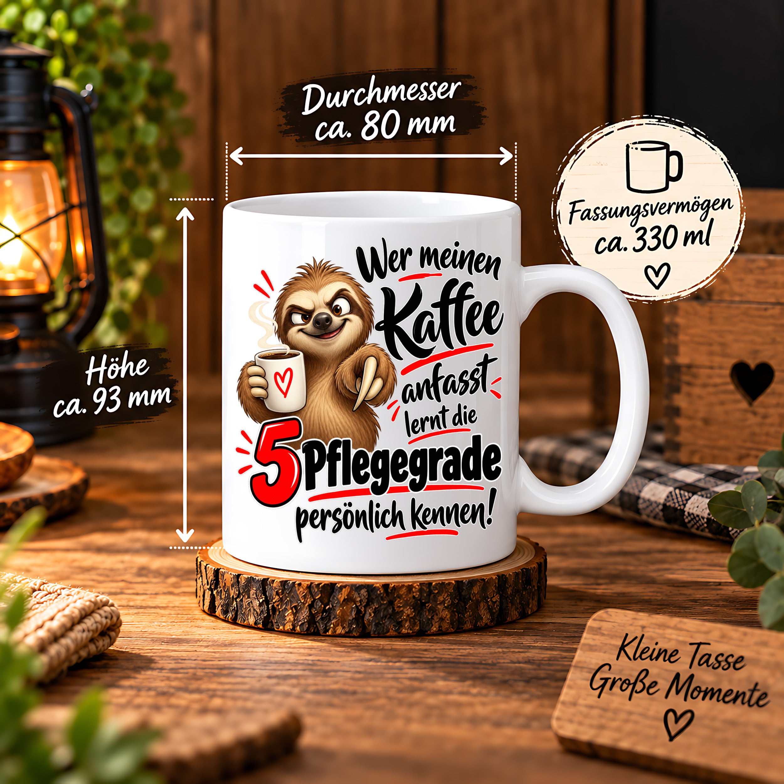 Herzbotschaft Tasse mit Farbwahl - Kaffee Faultier 5 Pflegegrade Geschenk 330 ml
