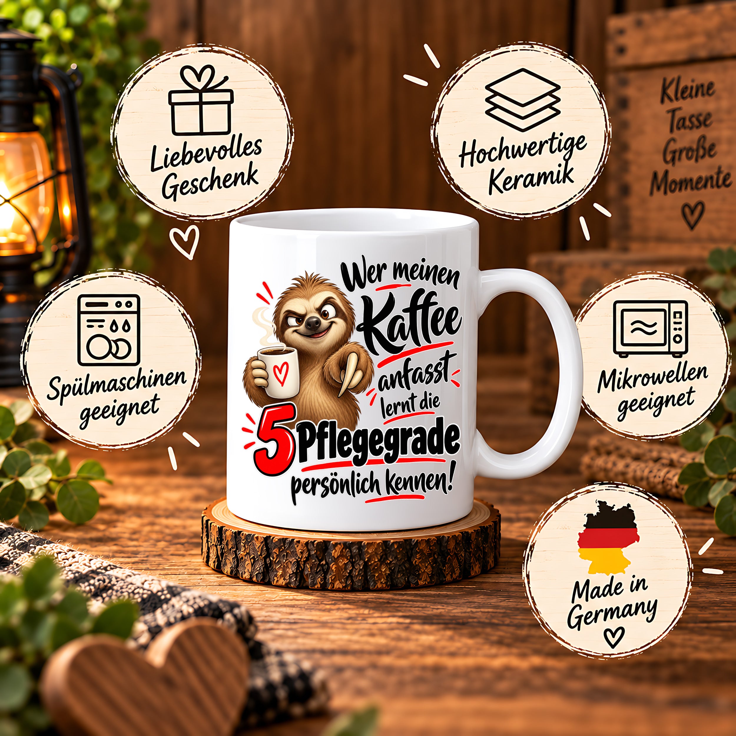 Herzbotschaft Tasse mit Farbwahl - Kaffee Faultier 5 Pflegegrade Geschenk 330 ml
