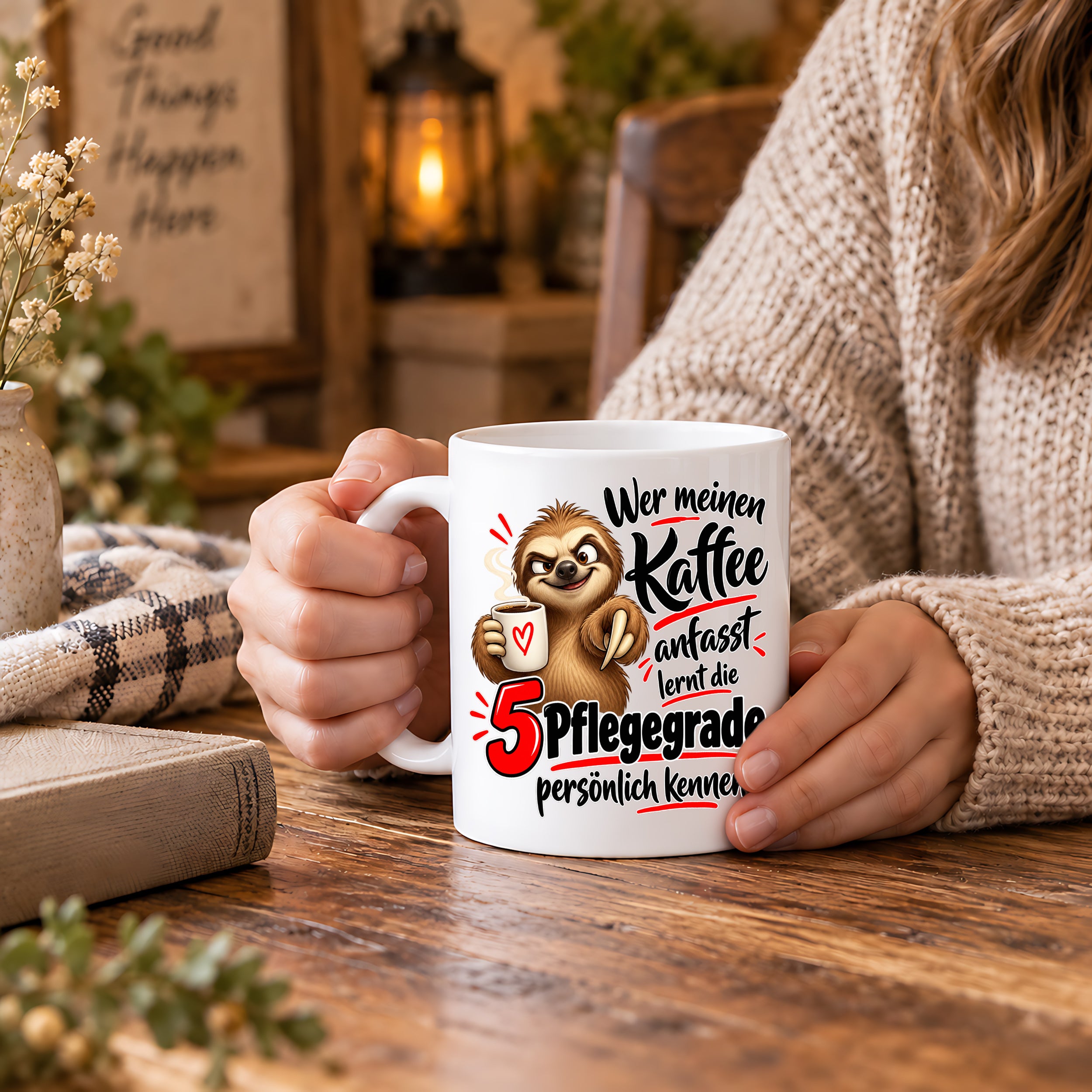 Herzbotschaft Tasse mit Farbwahl - Kaffee Faultier 5 Pflegegrade Geschenk 330 ml