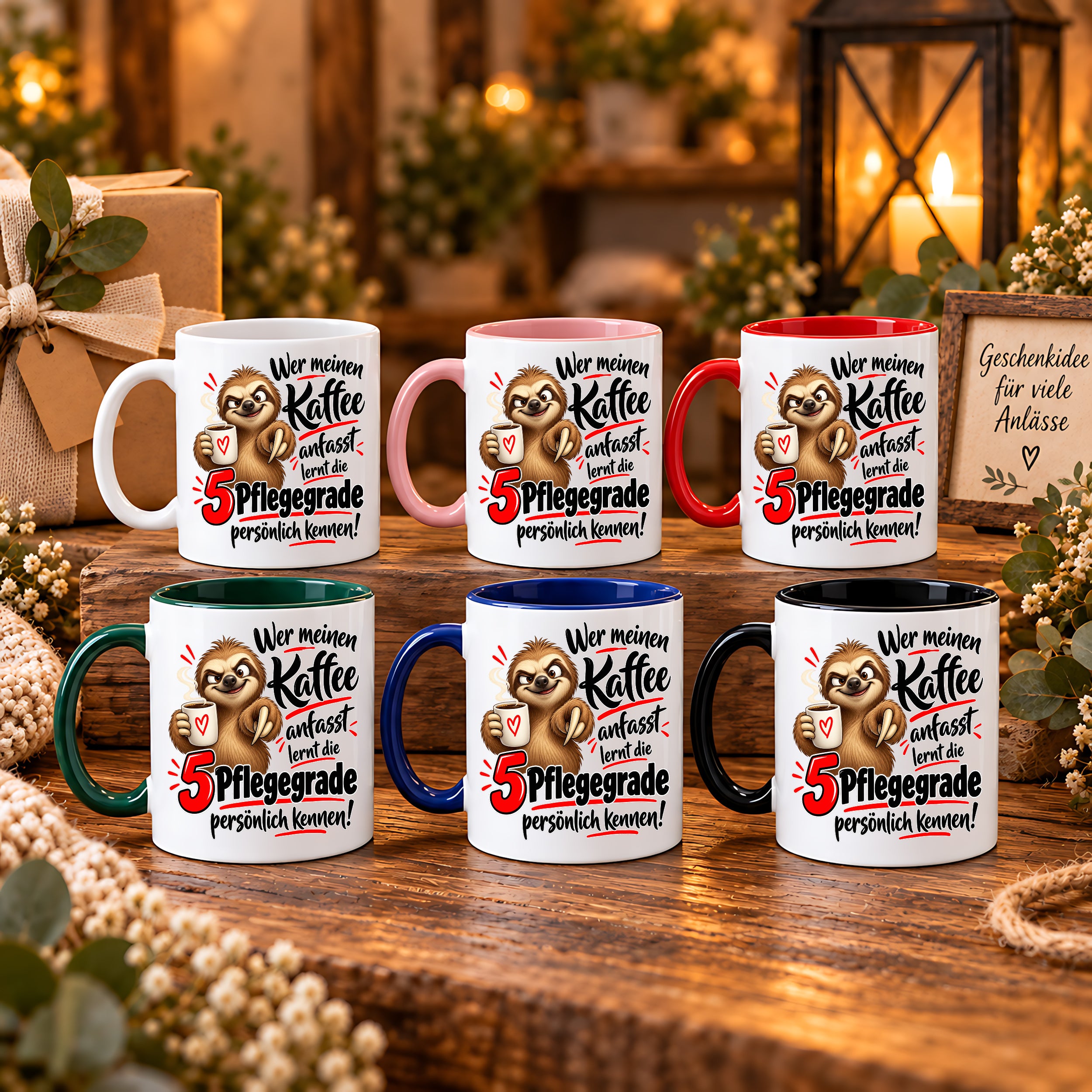 Herzbotschaft Tasse mit Farbwahl - Kaffee Faultier 5 Pflegegrade Geschenk 330 ml